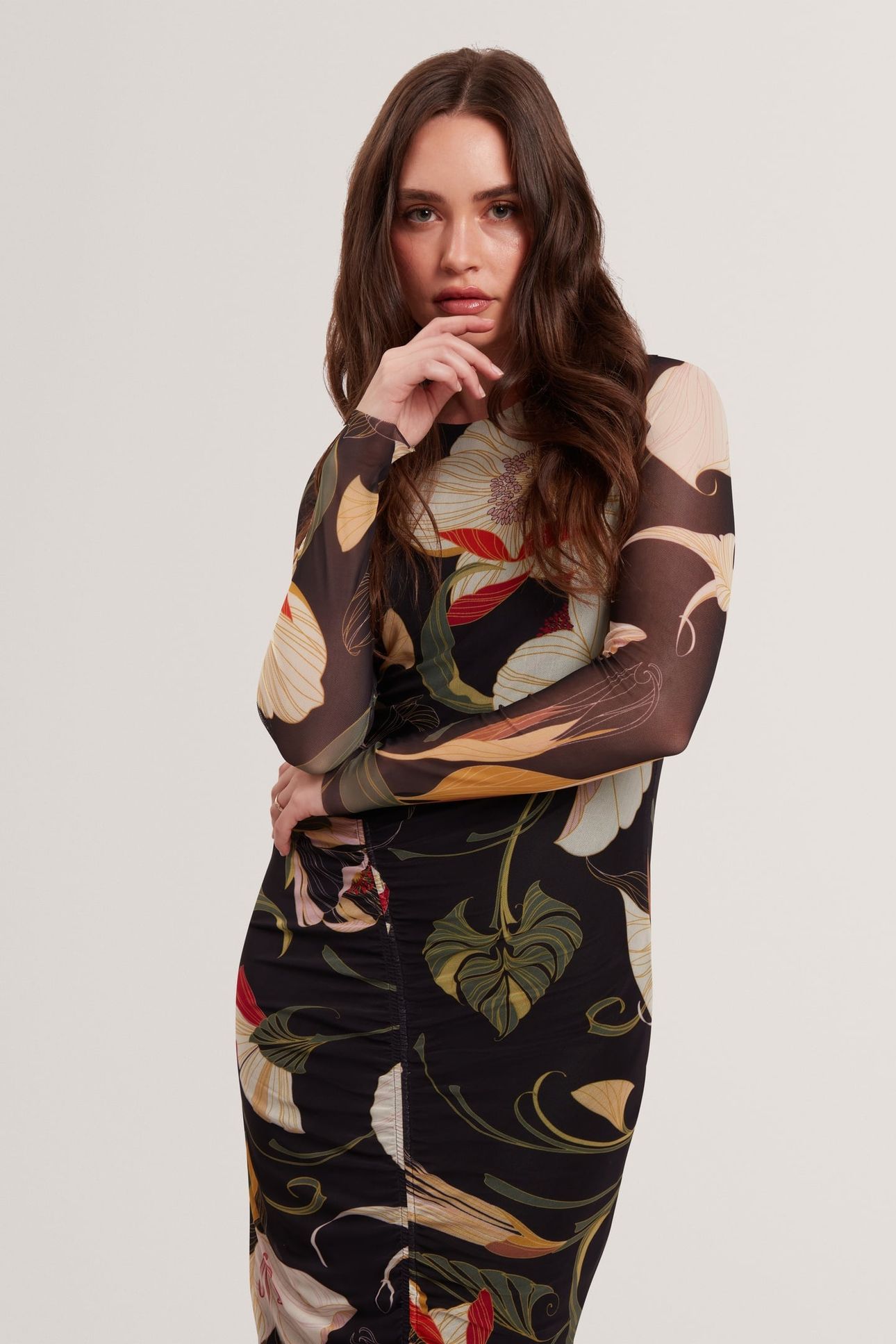 PRINTED MESH BODYCON GATHERED MIDI DRESS BLACK 4