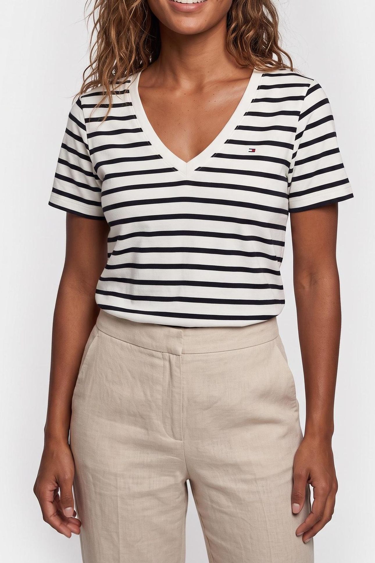 CODY SLIM V-NECK S/S TEE NOS BRETON ECRU/NAVY BLUE 1