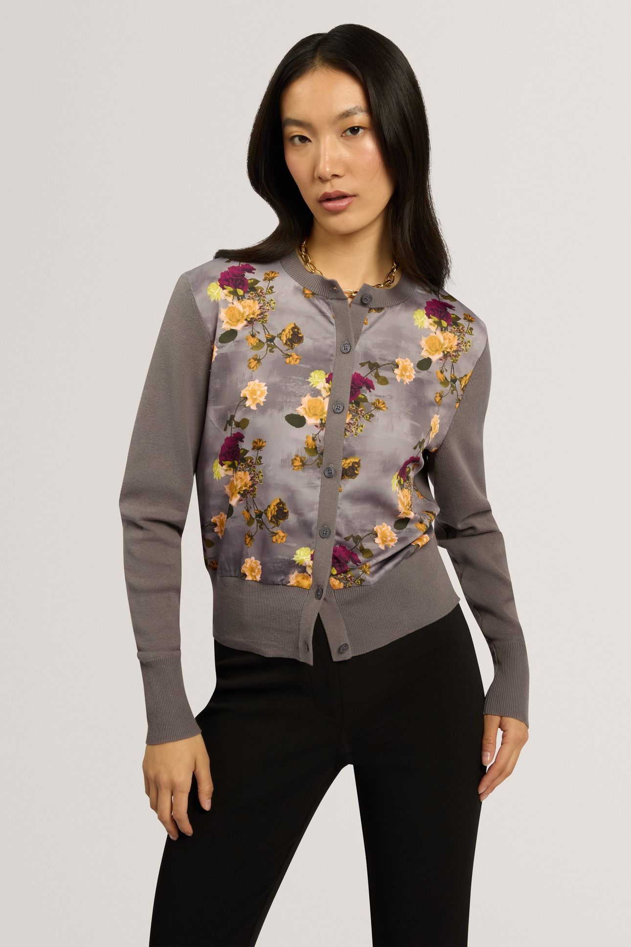 FLORAL PRINTED WOVEN FRONT CARDIGAN MID-GREY 1