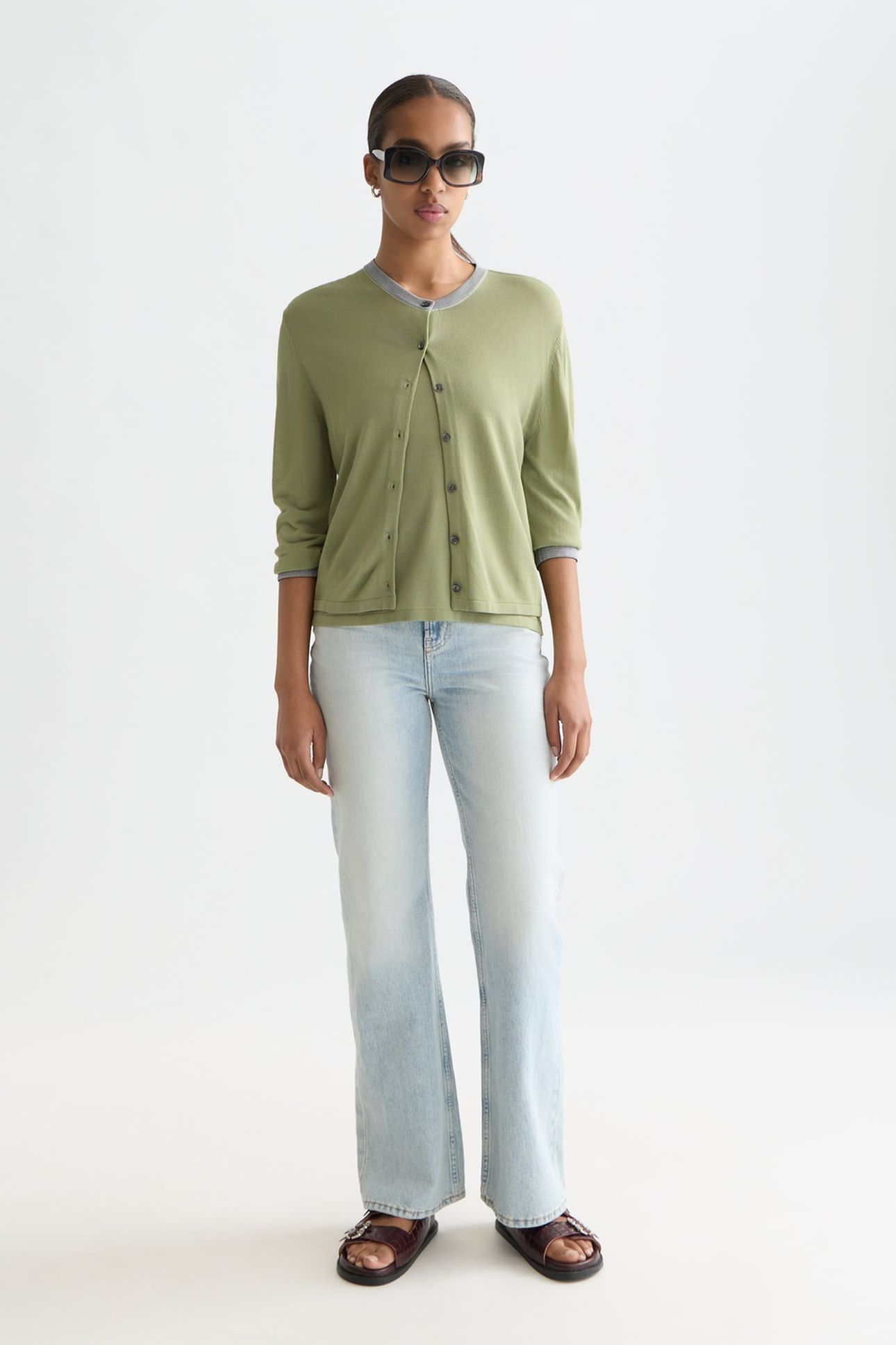 STRIPE TRIM RELAXED CARDIGAN OIL GREEN 3