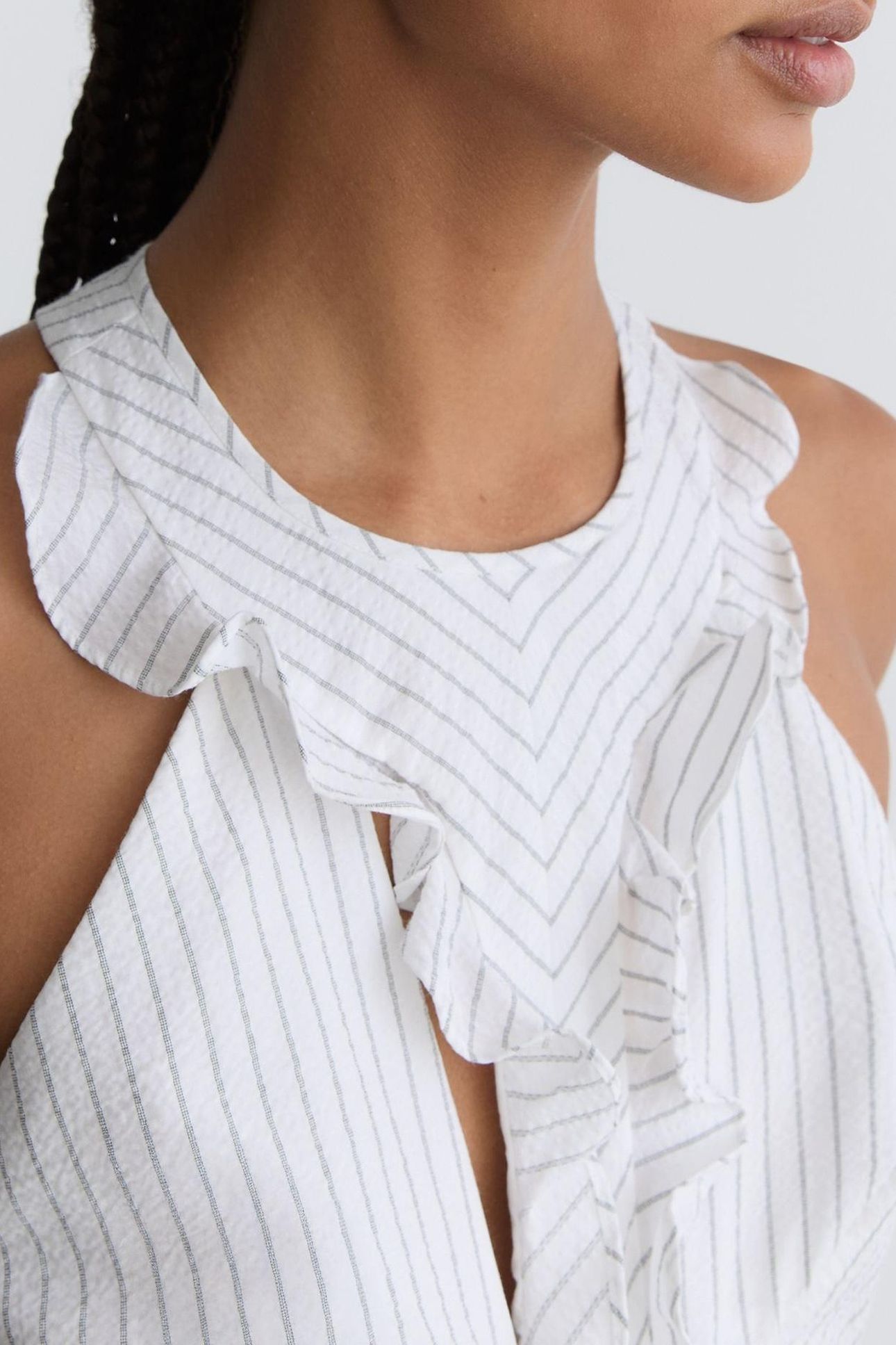 RUFFLE DETAIL STRIPED MIDI DRESS IVORY/BLUE 6