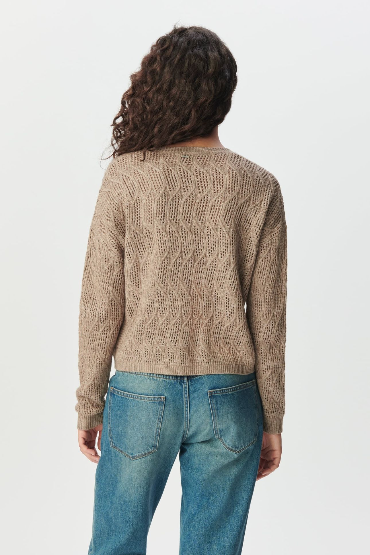 BEIGE DECORATIVE OPENWORK KNIT SWEATER 2
