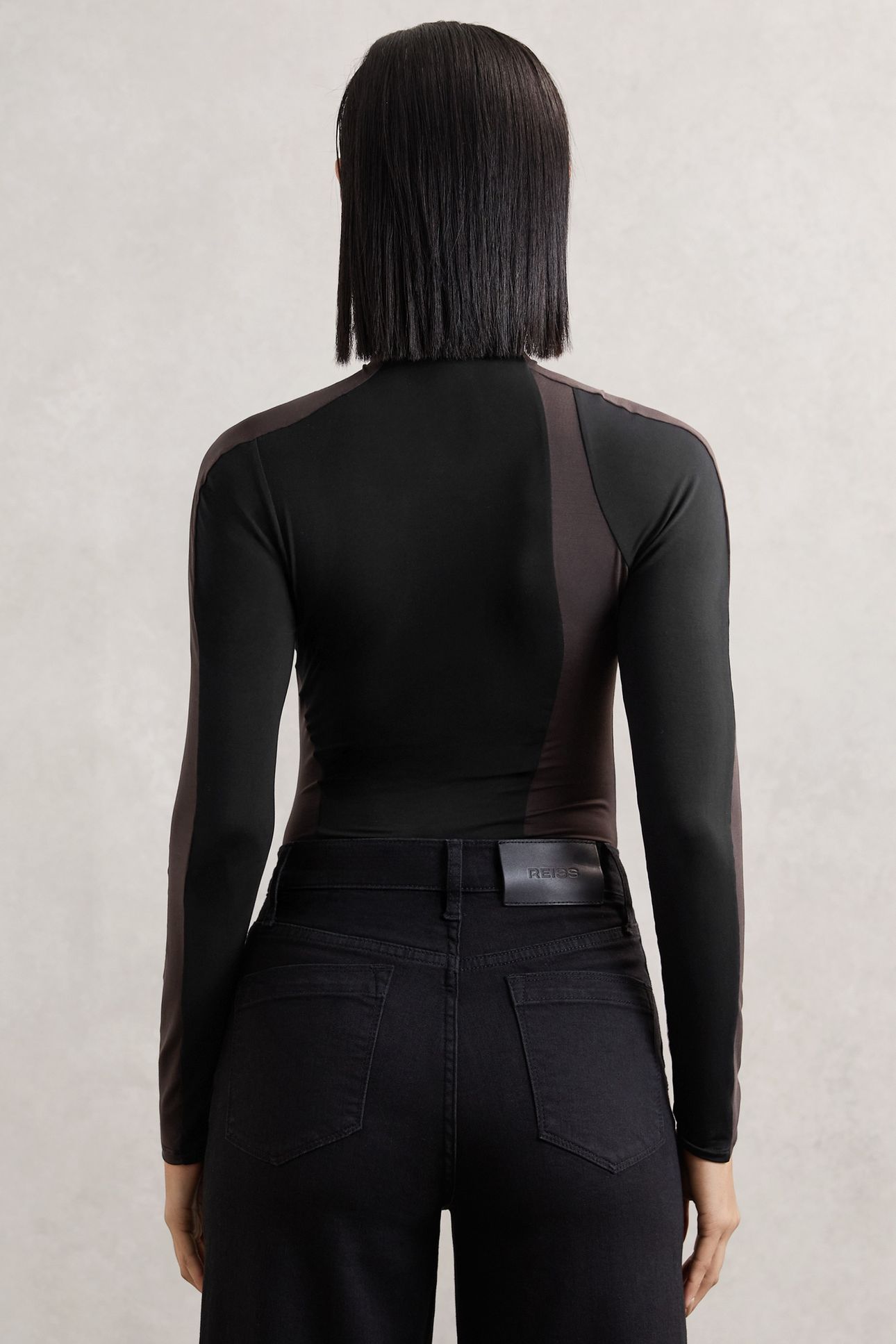 PATTERNED RUCHED BODYSUIT BLACK/CHOCOLATE BROWN 3