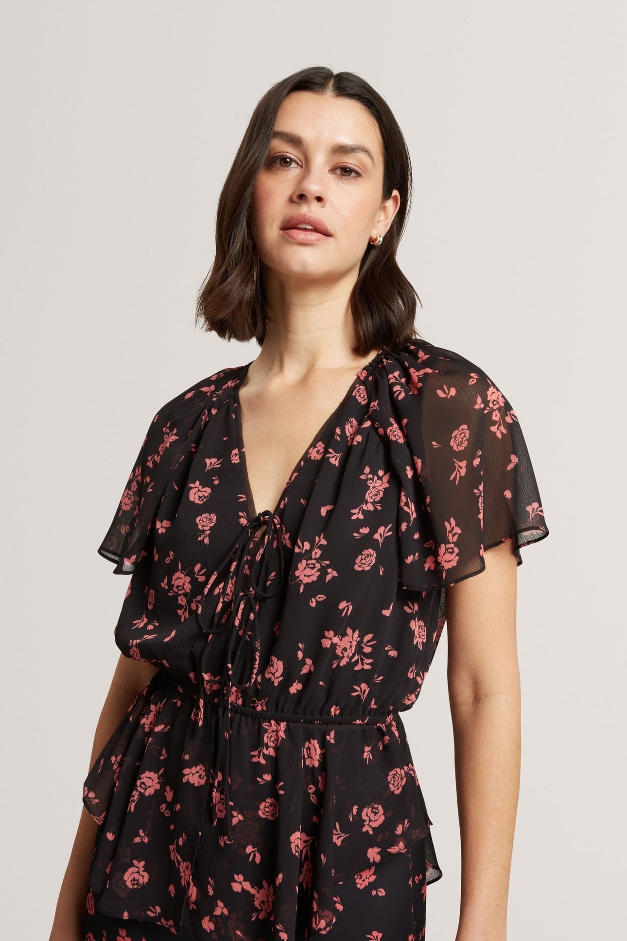 PRINTED TIE FRONT BALLOON SLEEVE BLOUSE BLACK 3
