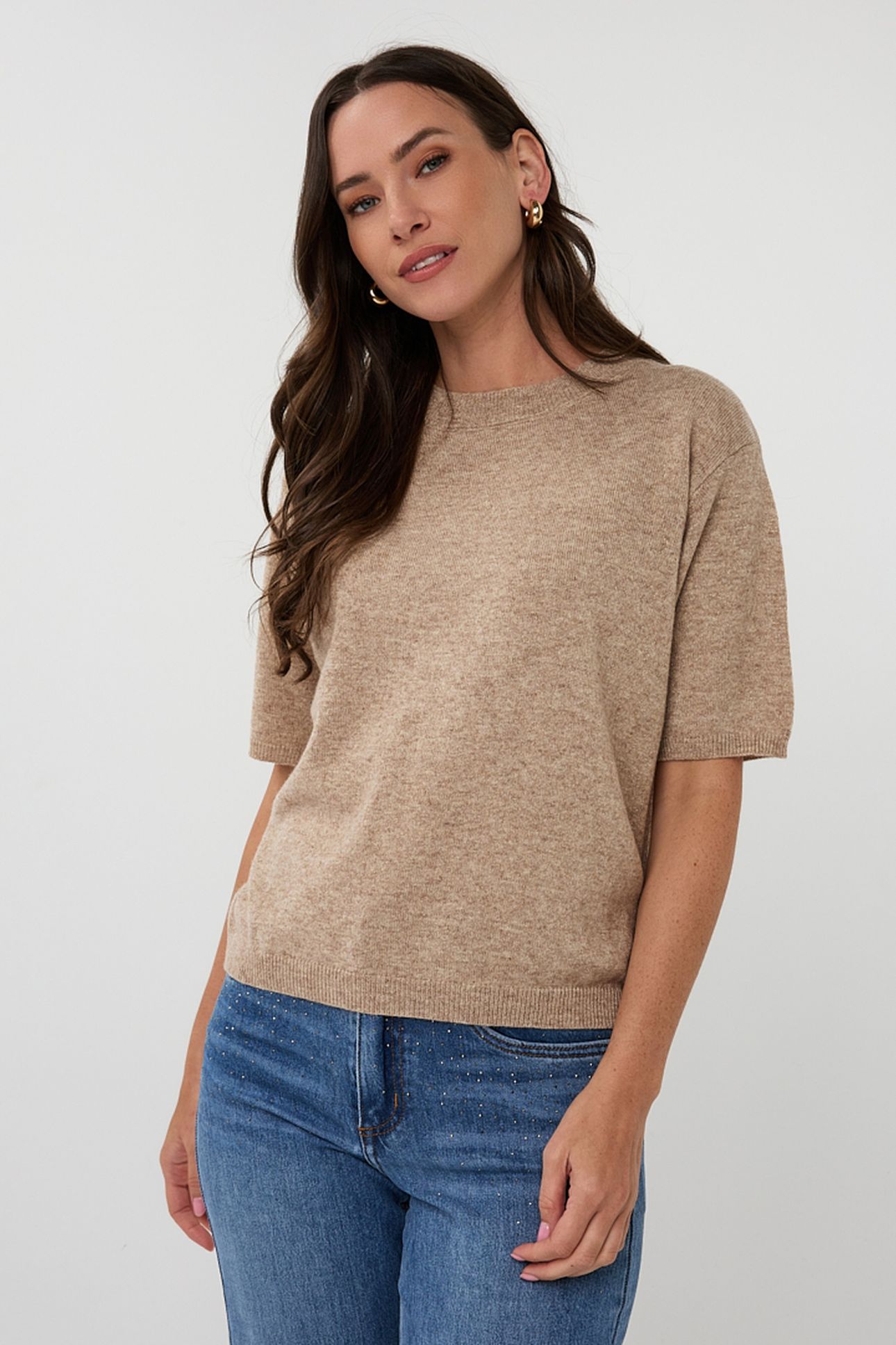 SWEATER S/SLVE WOOL TAUPE 1