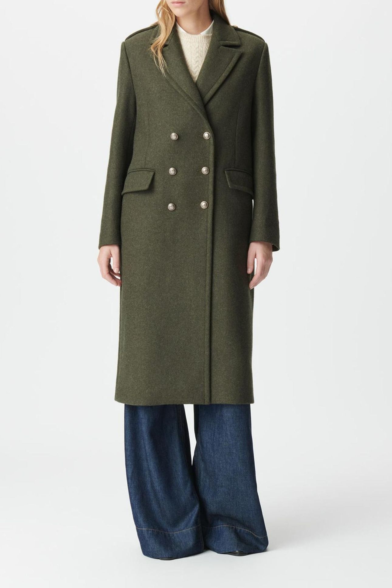 KHAKI LONG PEA COAT WITH ENGRAVED BUTTONS 1