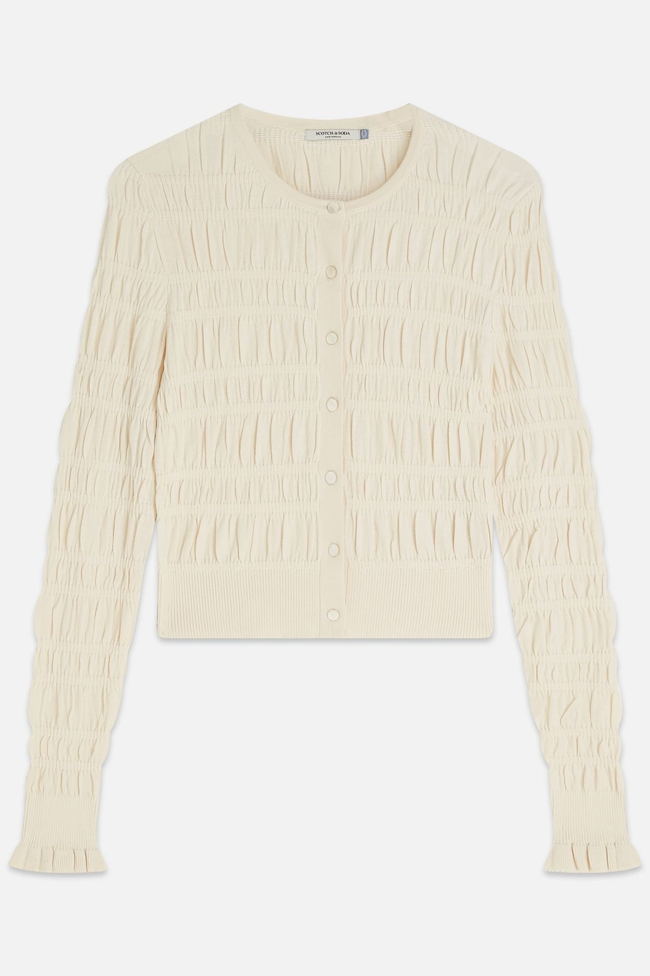 SMOCK STITCH CREW NECK CARDIGAN EGGNOG 1