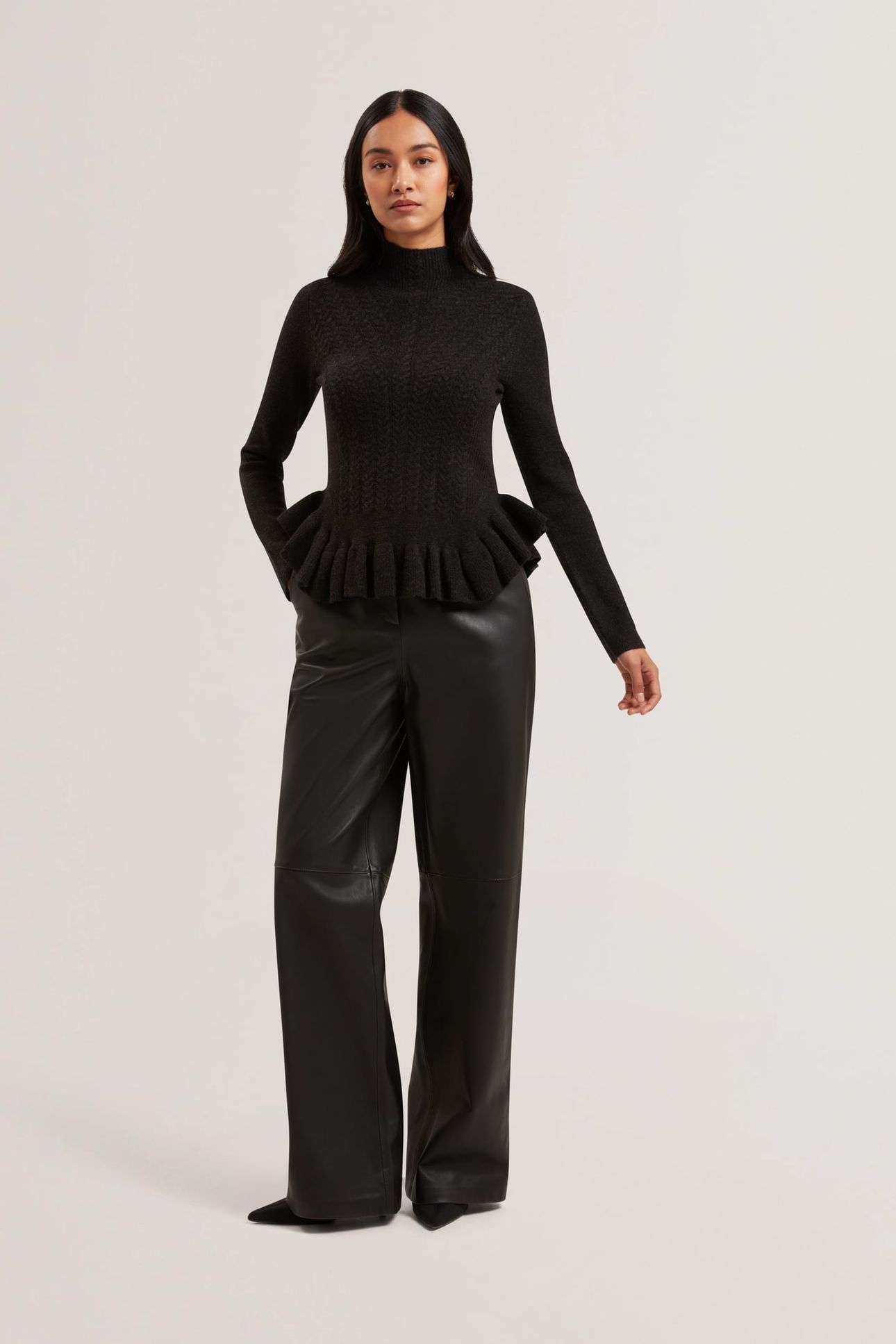 VIOLHA CROPPED PEPLUM CABLE KNIT SWEATER GREY 2