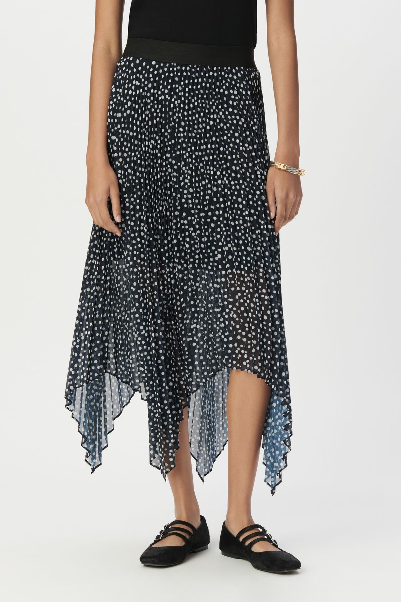 NAVY POLKA DOT PRINT PLEATED LONG SKIRT 1