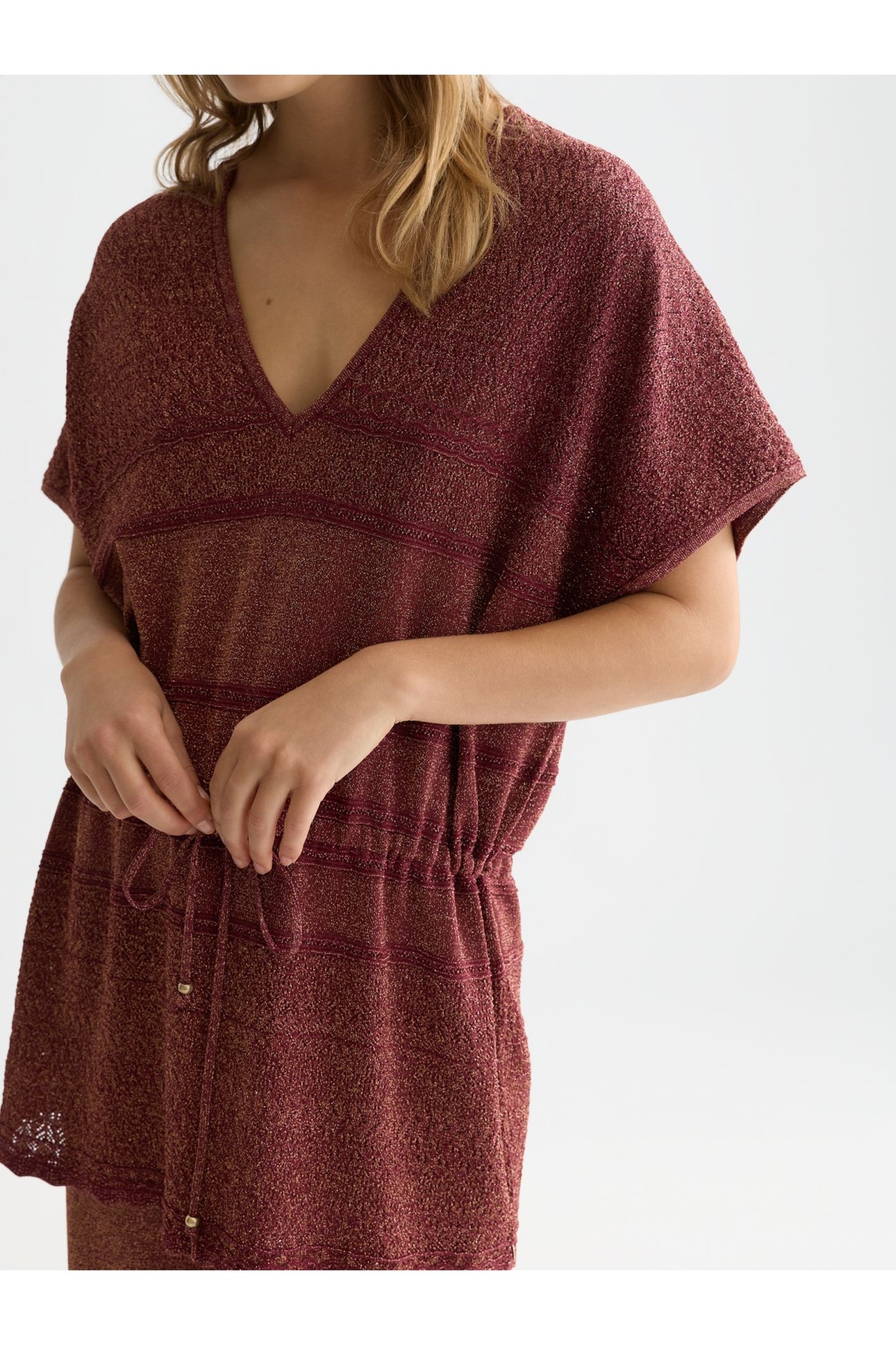 METALLIC POINTELLE KNITTED TUNIC BURNT HENNA 6