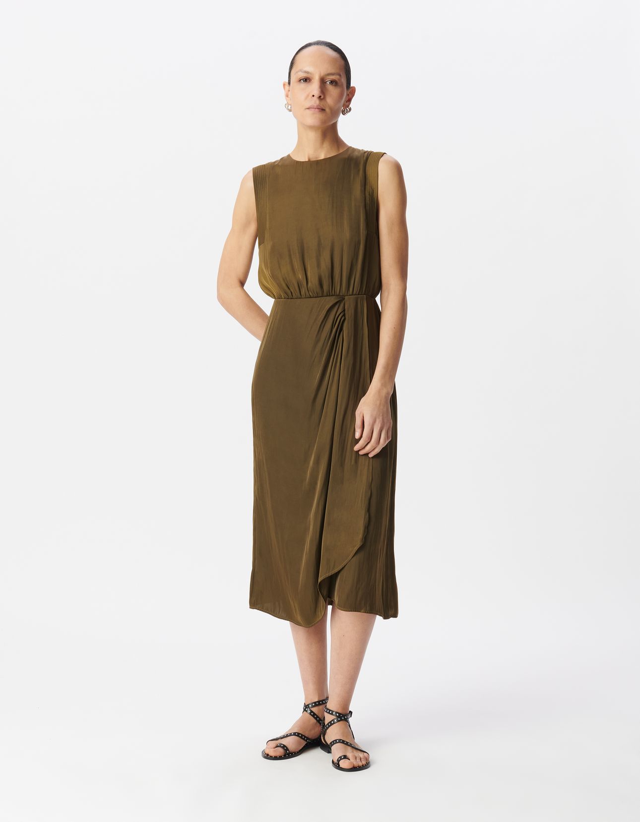KHAKI RECYCLED POLYESTER FLOWING MIDI DRESS 4