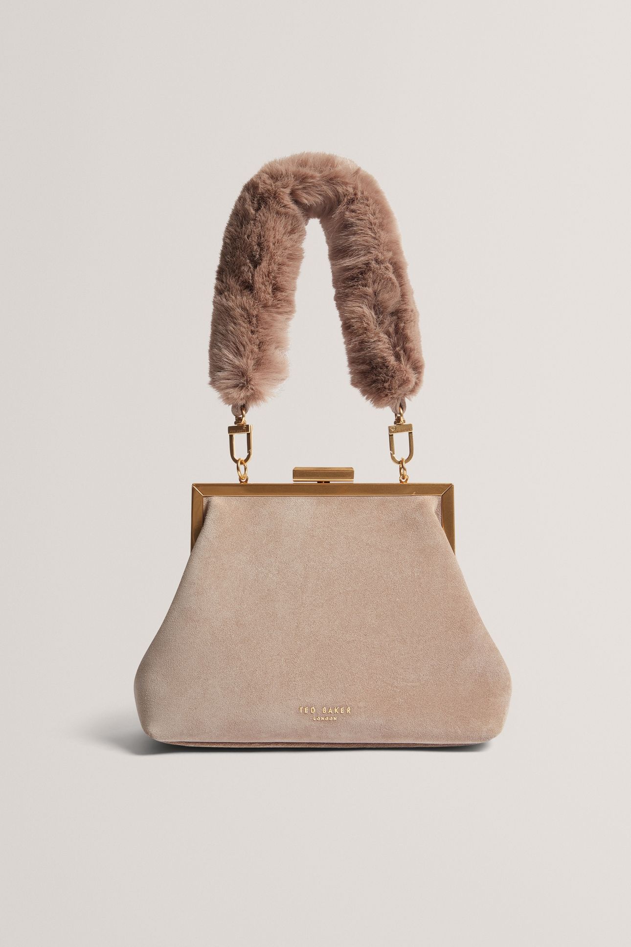 LEATHER SUEDE FUR HANDLE CLUTCH BAG TAUPE 1