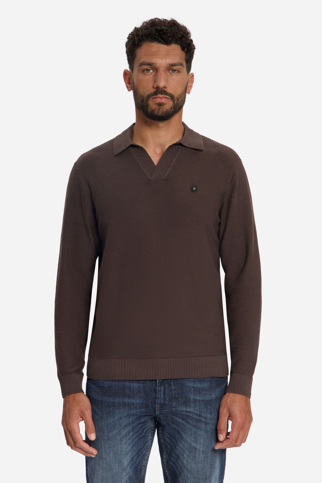 PULLOVER V-COLLAR SHOULDER DETAIL DARK BROWN 1