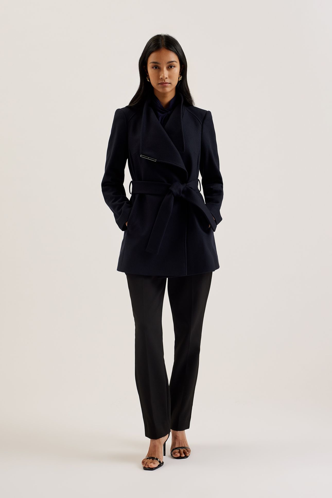ROSESS SHORT BELTED WOOL WRAP COAT NAVY 1
