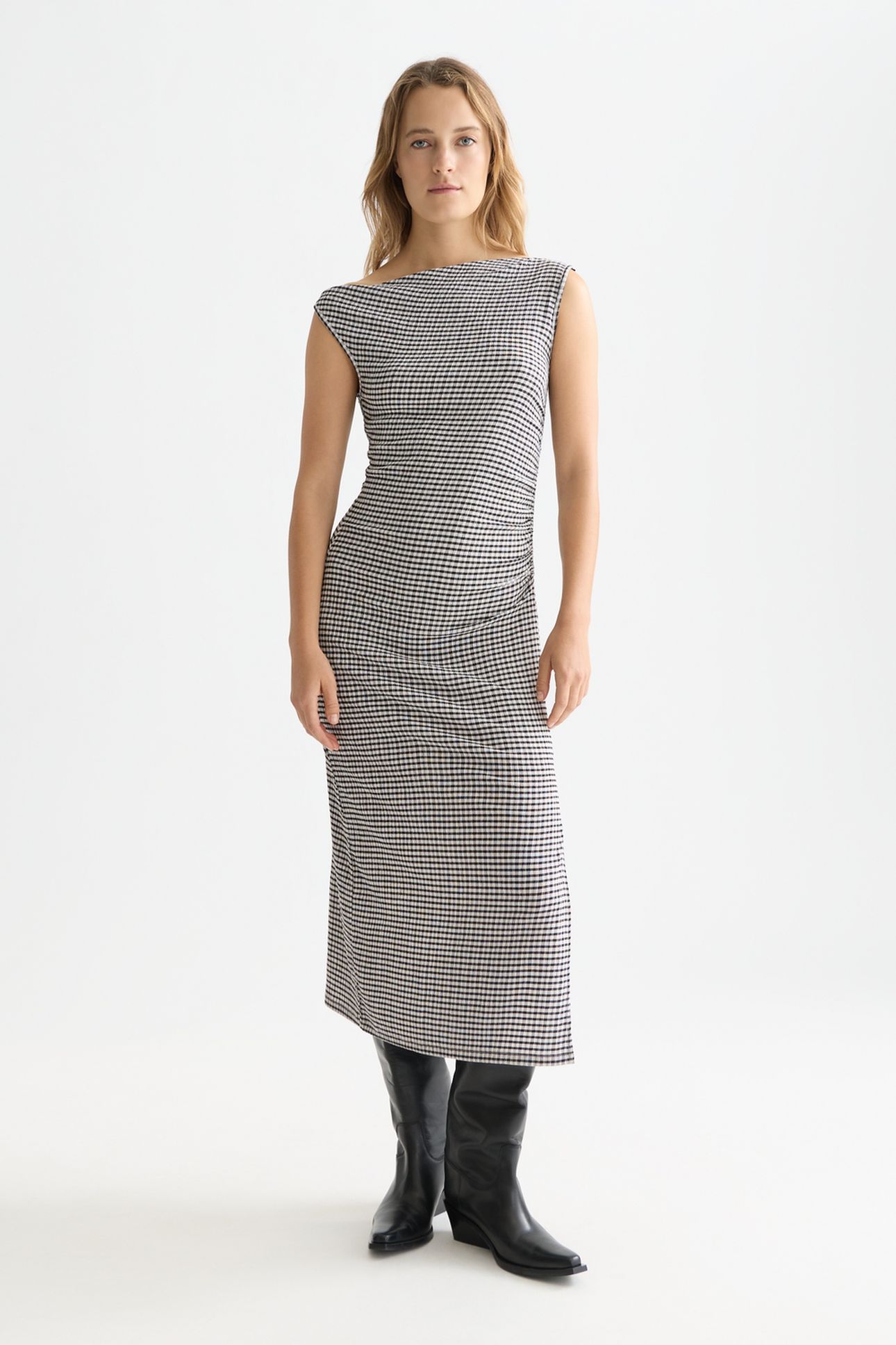 STRUCTURED GINGHAM DRAPEY MIDI DRESS METEORITE 3