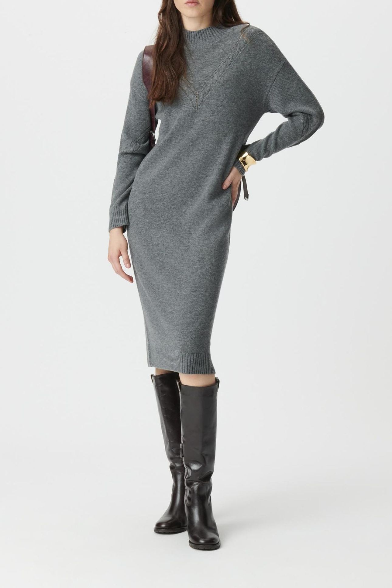 BEIGE SWEATER DRESS WITH PLACED CABLE KNIT 3