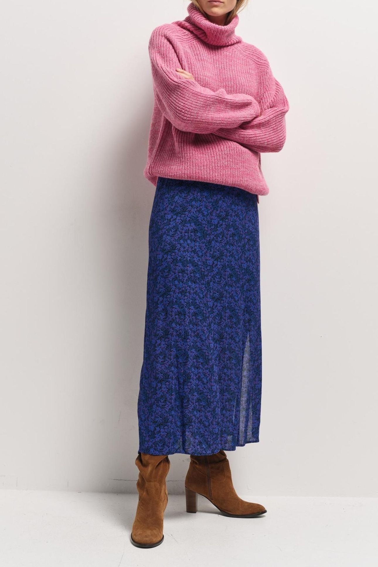 JULLY - NAVY POLKA DOT FLORAL PRINT MIDI SKIRT 1