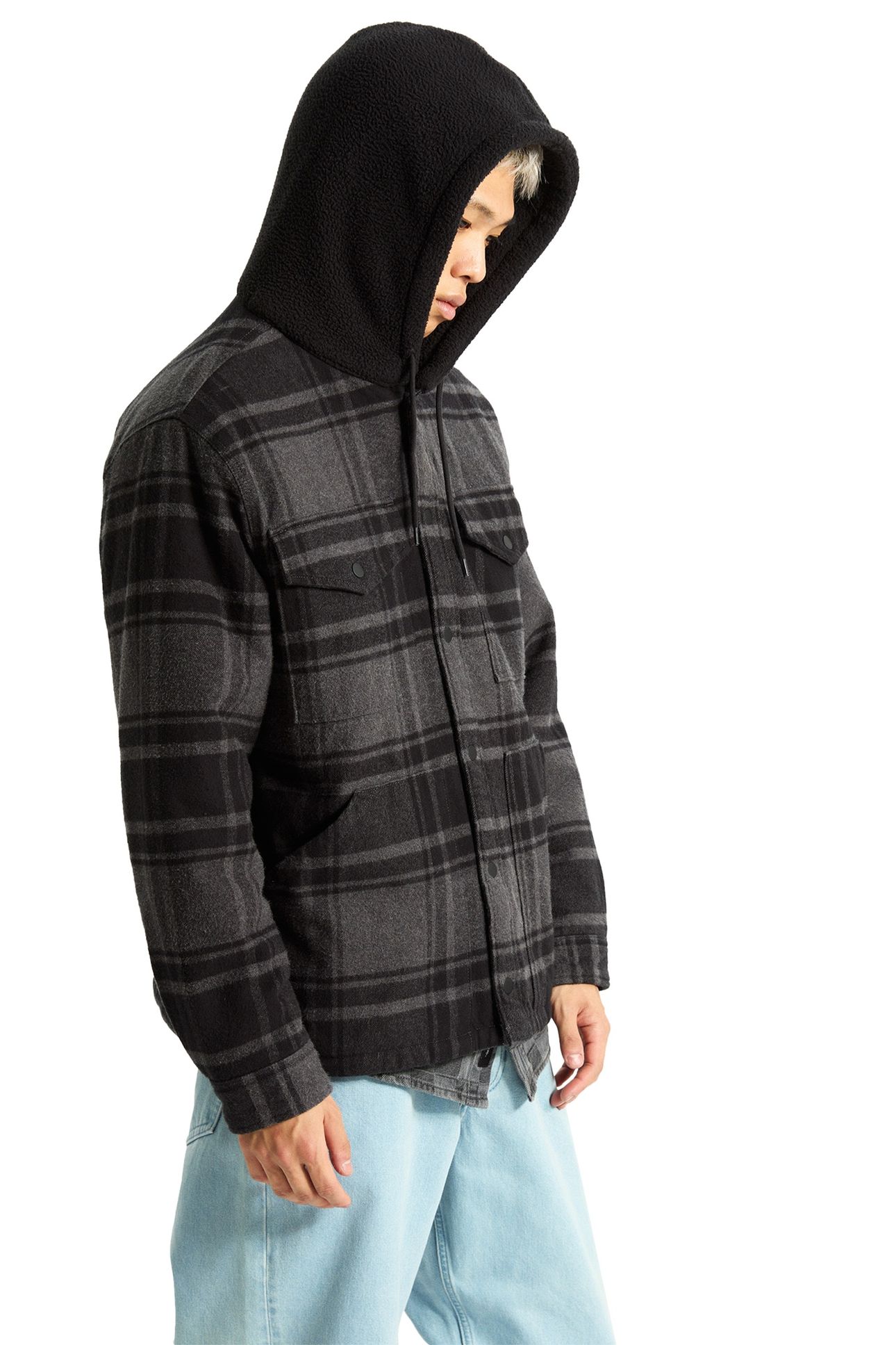 PIEDMONT HOODED PLAID SHACKET BLACK/ASPHALT HEATHER 2
