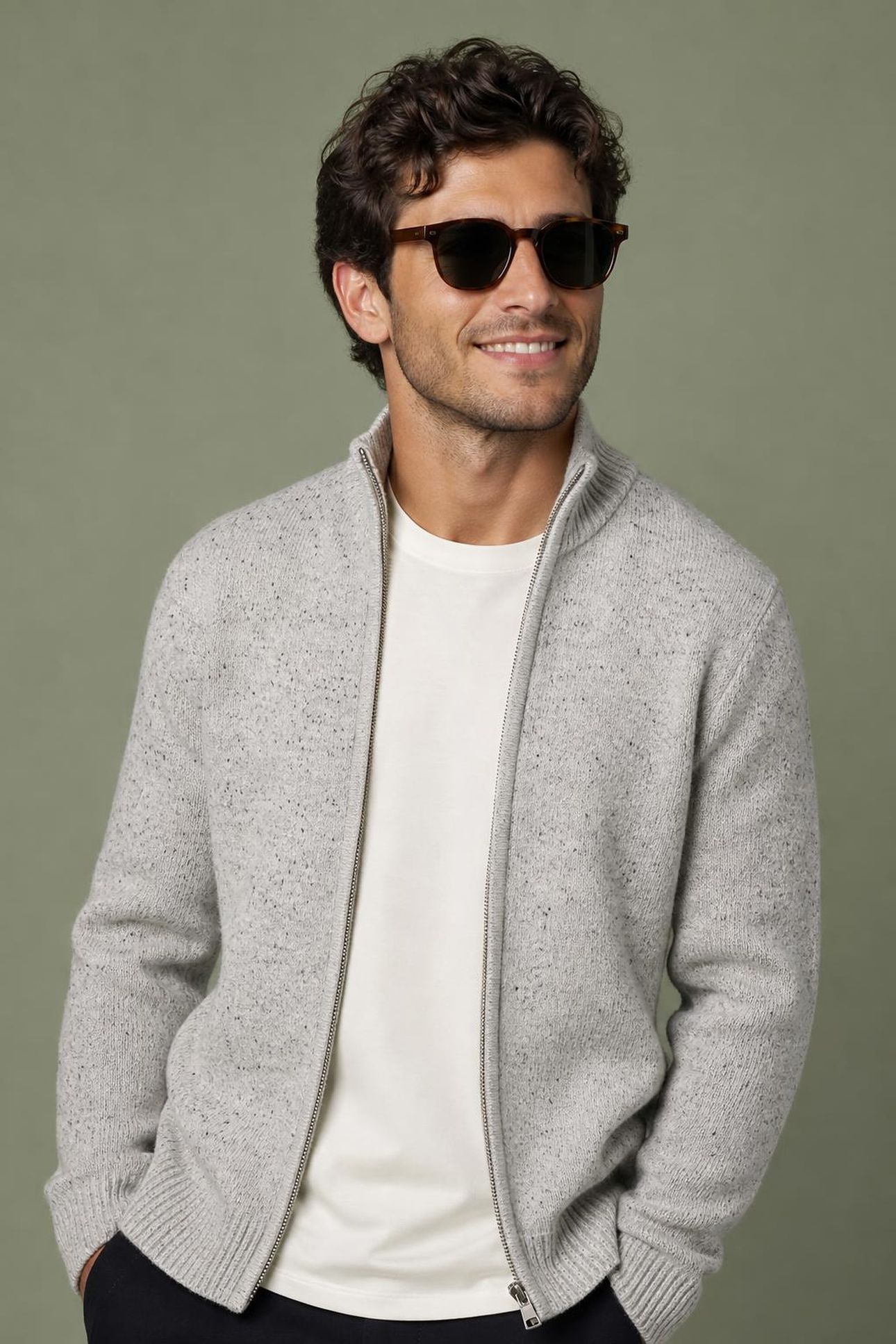 ZIP THRU FISHERMANS CARDIGAN MEDIUM GREY MELANGE 1