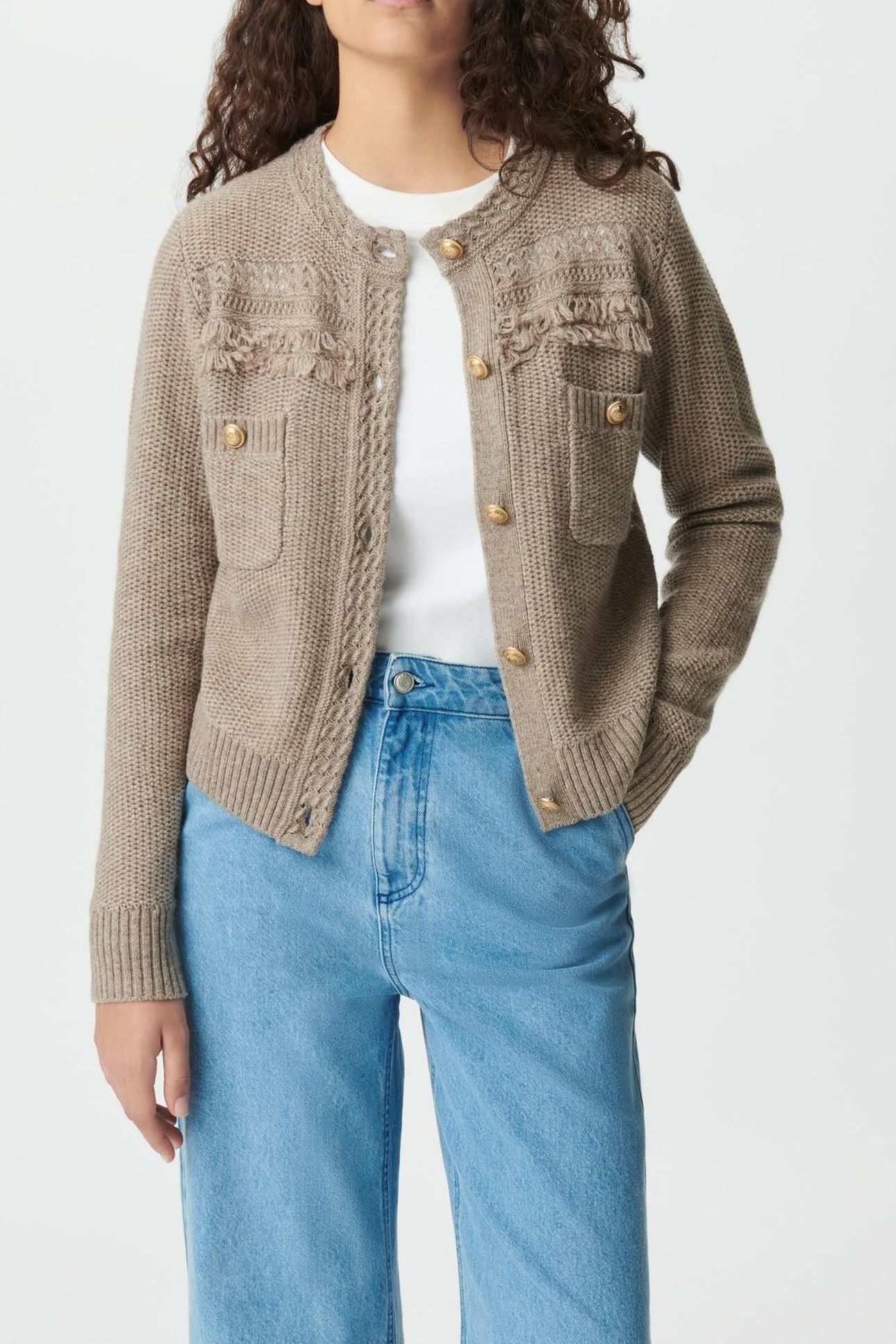 BEIGE KNIT CARDIGAN, FRINGED DETAILS, GOLD BUTTONS 5