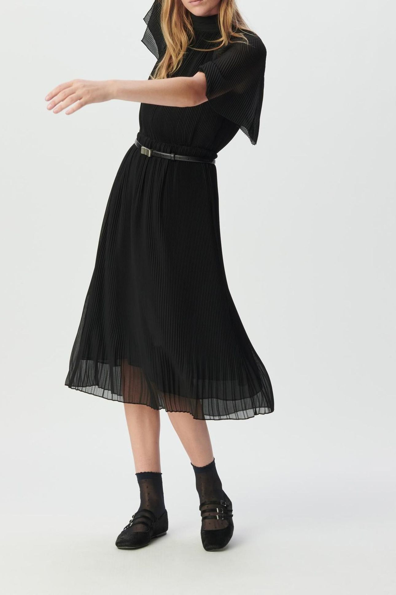 BLACK PLEATED VOILE DRESSY MIDI DRESS 3