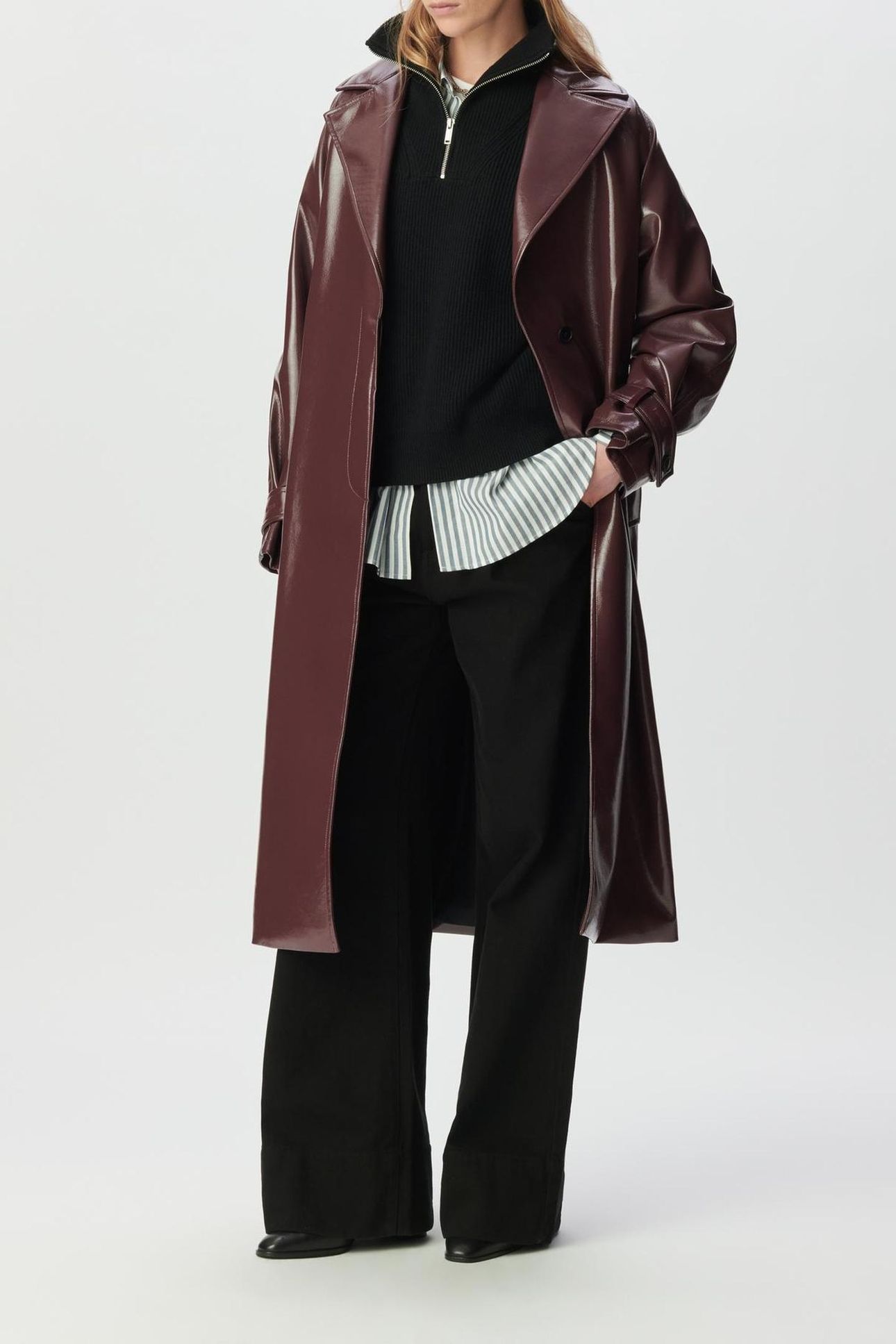 BURGUNDY VINYL-STYLE LONG TRENCH COAT 5