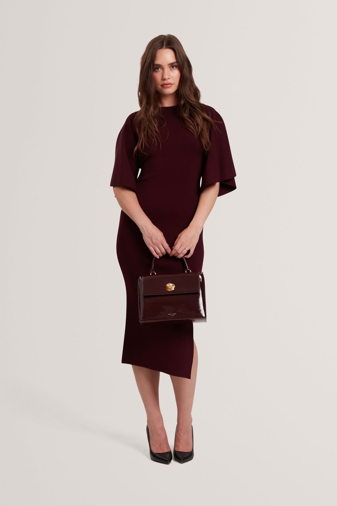 FLUTED SLEEVE KNITTED BODYCON MIDI DRESS RED 2