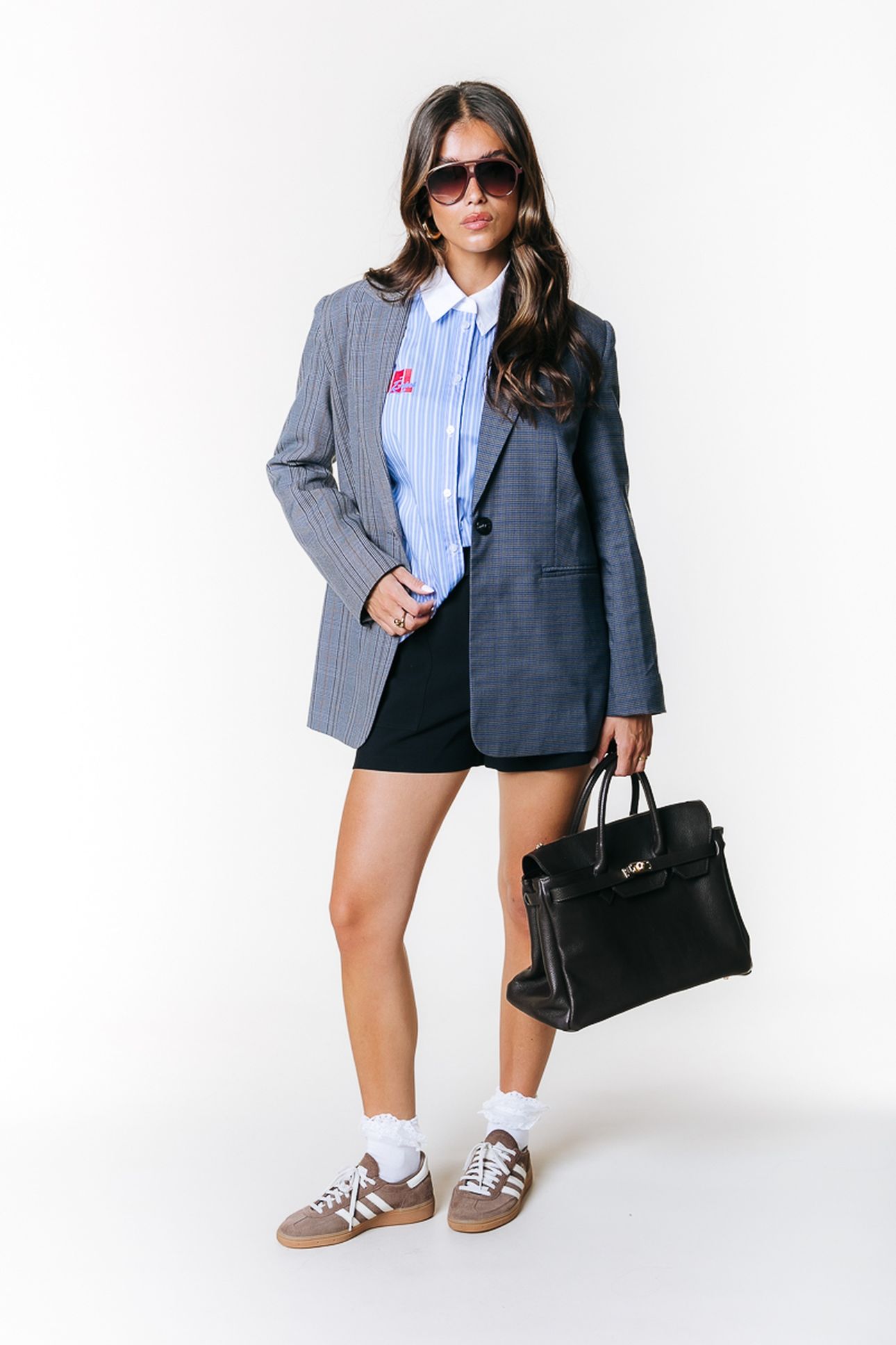 MIMMI CHECK TWO TONE SINGLE BREASTED BLAZER GREY/BLUE 3