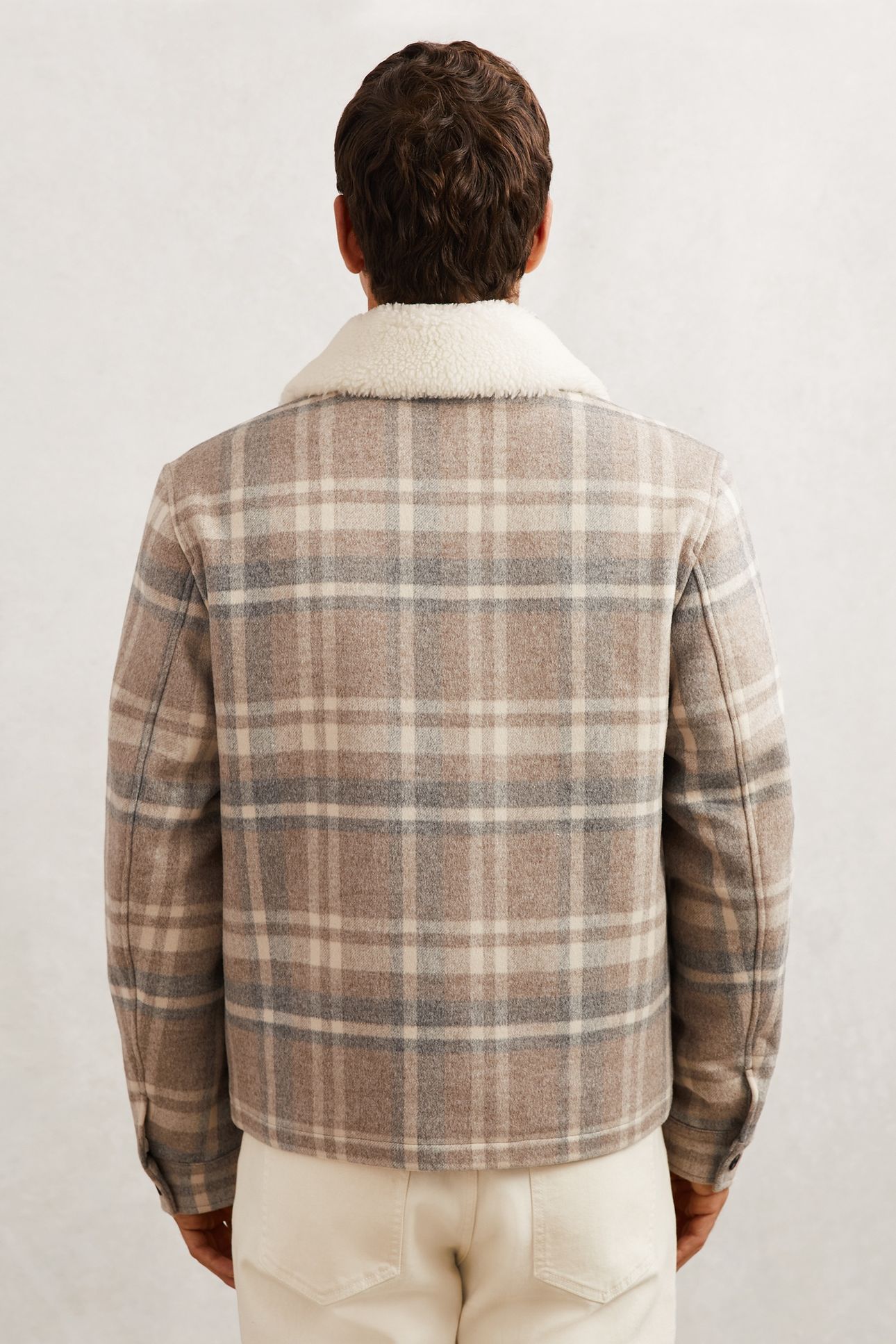 LS CHECK ZIP THROUGH BORG COLLAR JACKET OATMEAL BROWN 2