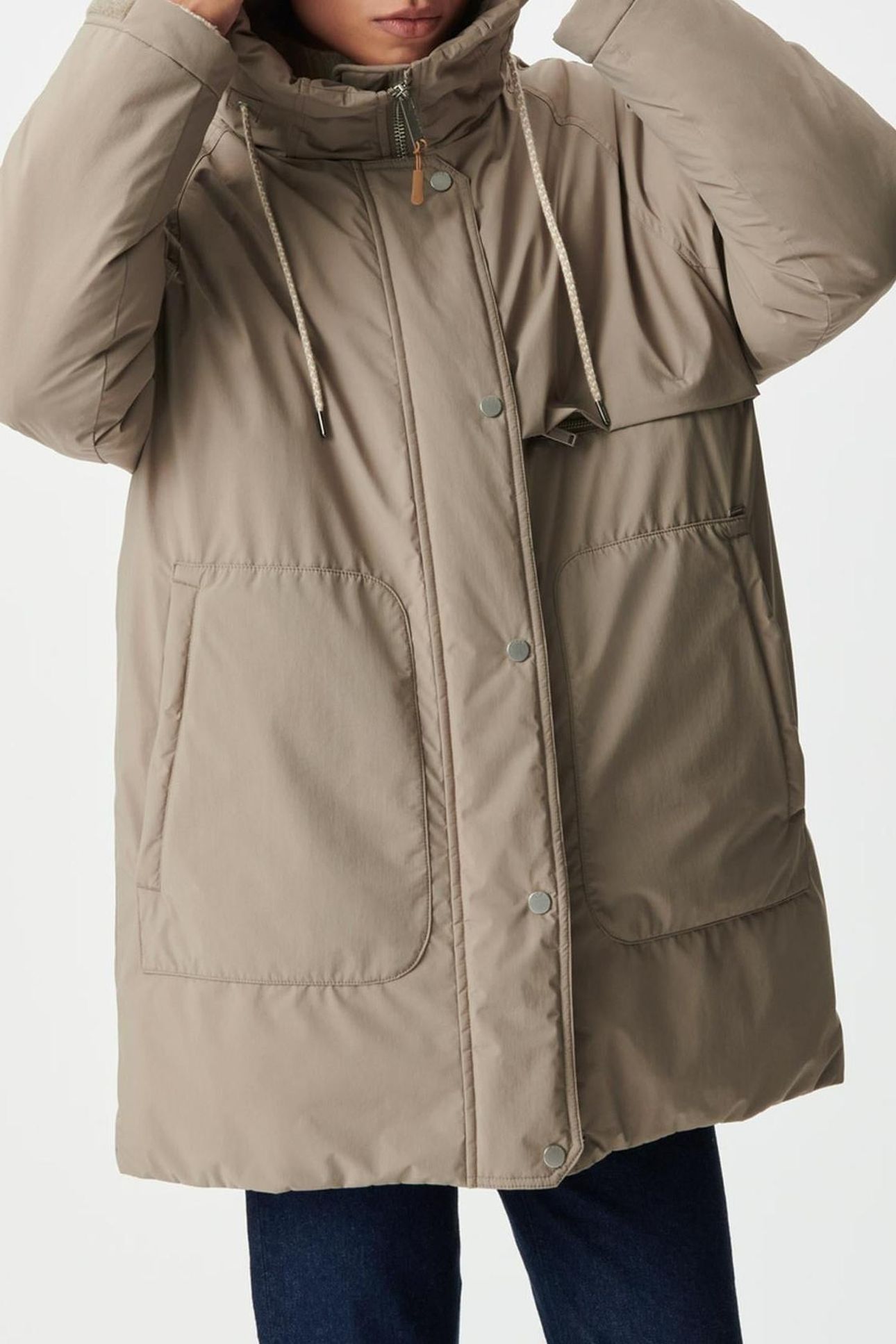 BEIGE PADDED JACKET WITH FUR-LINED HOOD 1