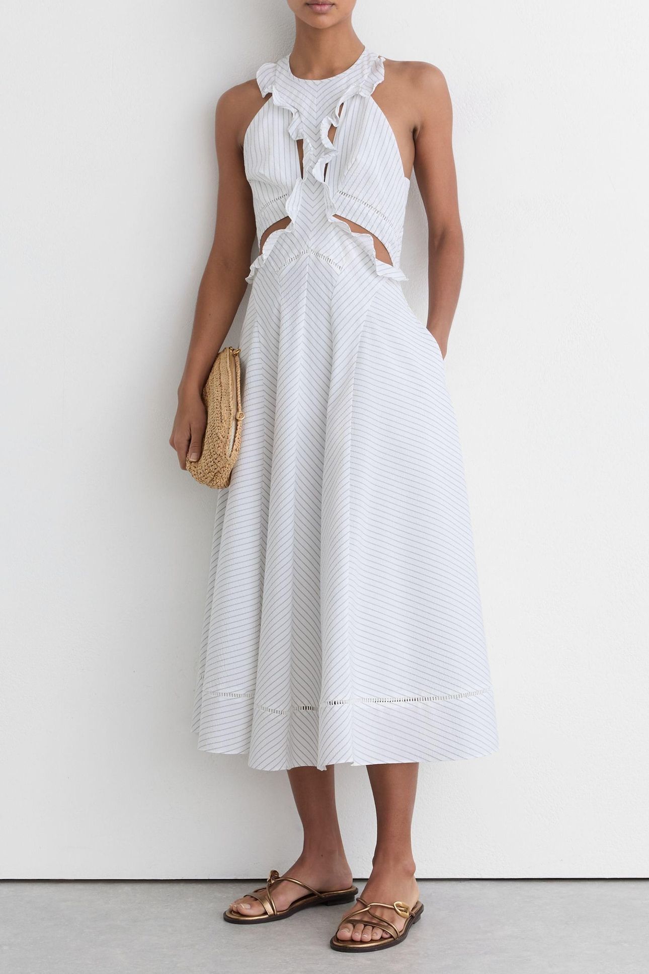RUFFLE DETAIL STRIPED MIDI DRESS IVORY/BLUE 1