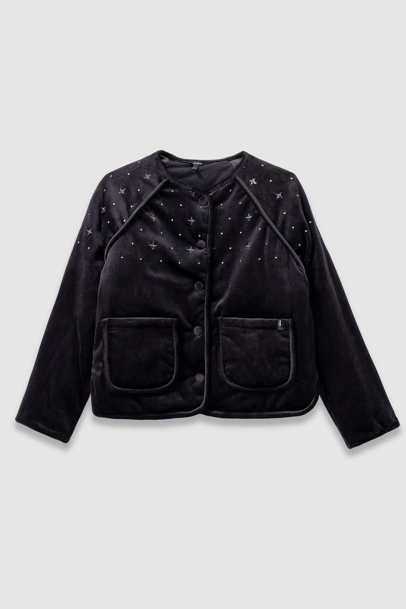 GIRLS’ BLACK QUILTED EMBROIDERED VELVET CARDIGAN 1