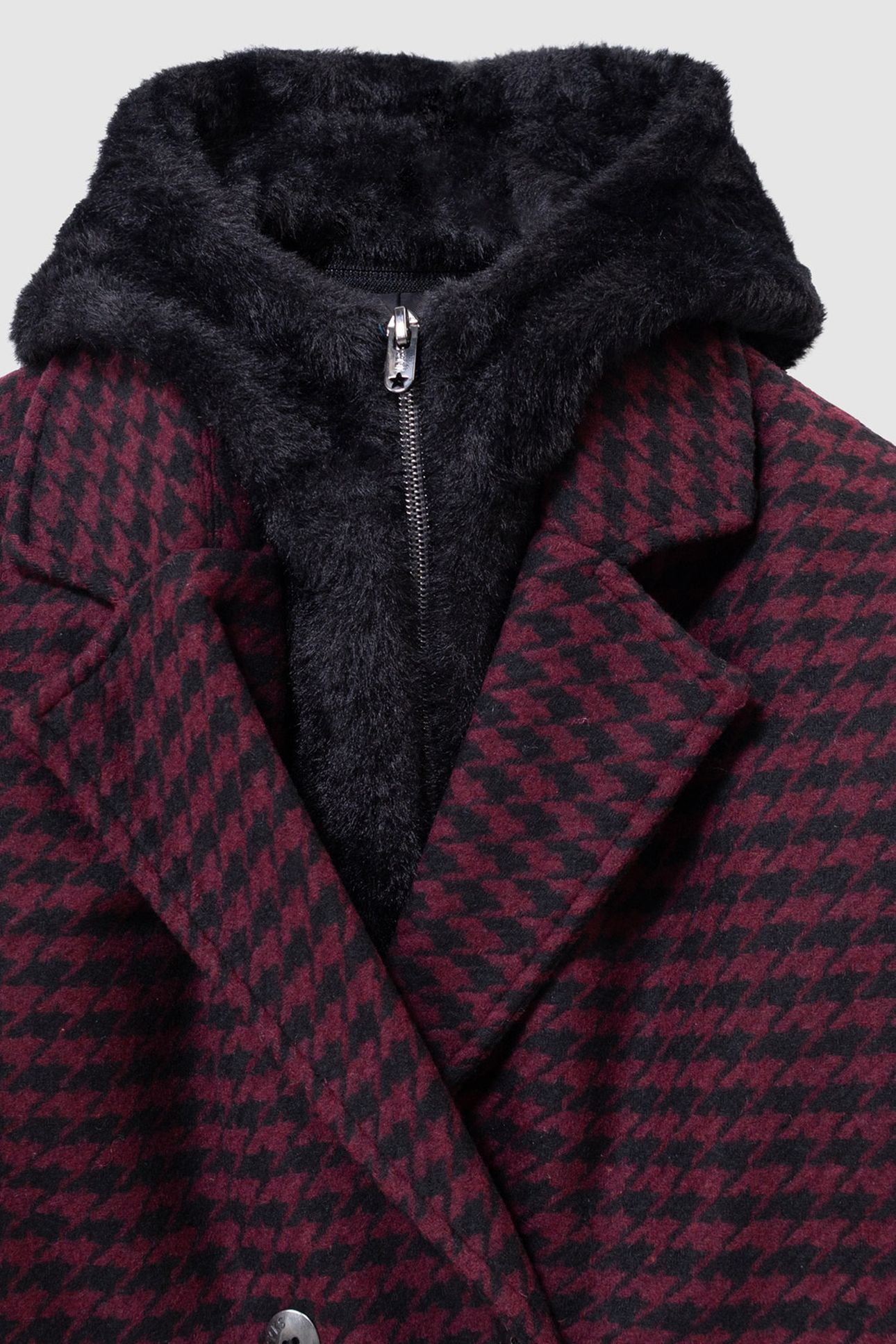 GIRLS’ BLACK CHECK COAT WITH HOODED FACING 6