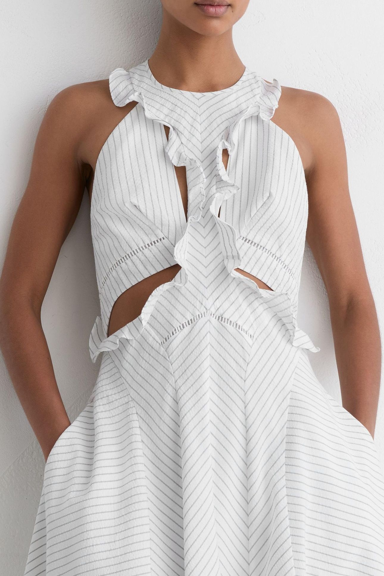 RUFFLE DETAIL STRIPED MIDI DRESS IVORY/BLUE 7