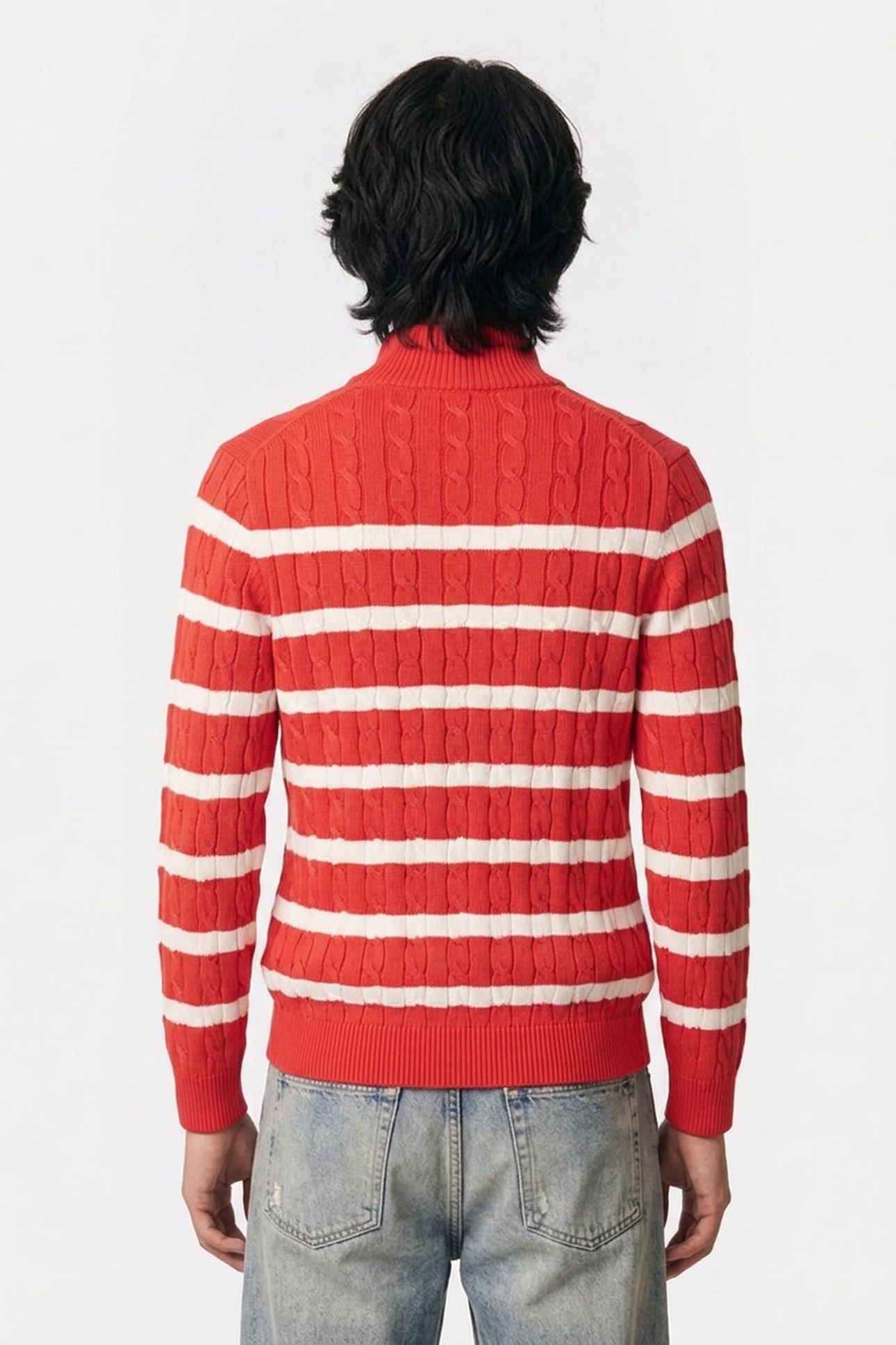 STRIPED COTTON CABLE HALF ZIP ROSE RED 2