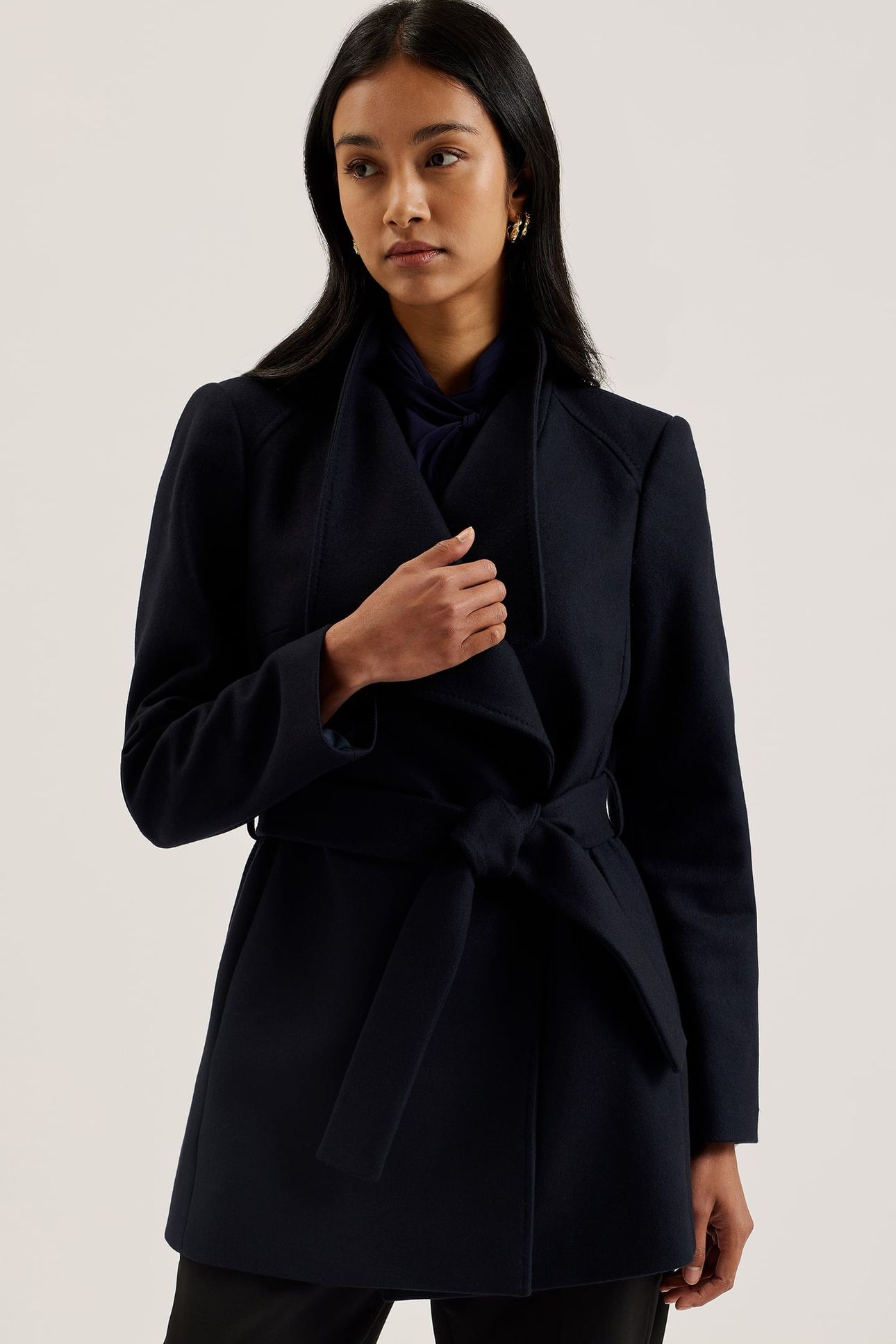 ROSESS SHORT BELTED WOOL WRAP COAT NAVY 2
