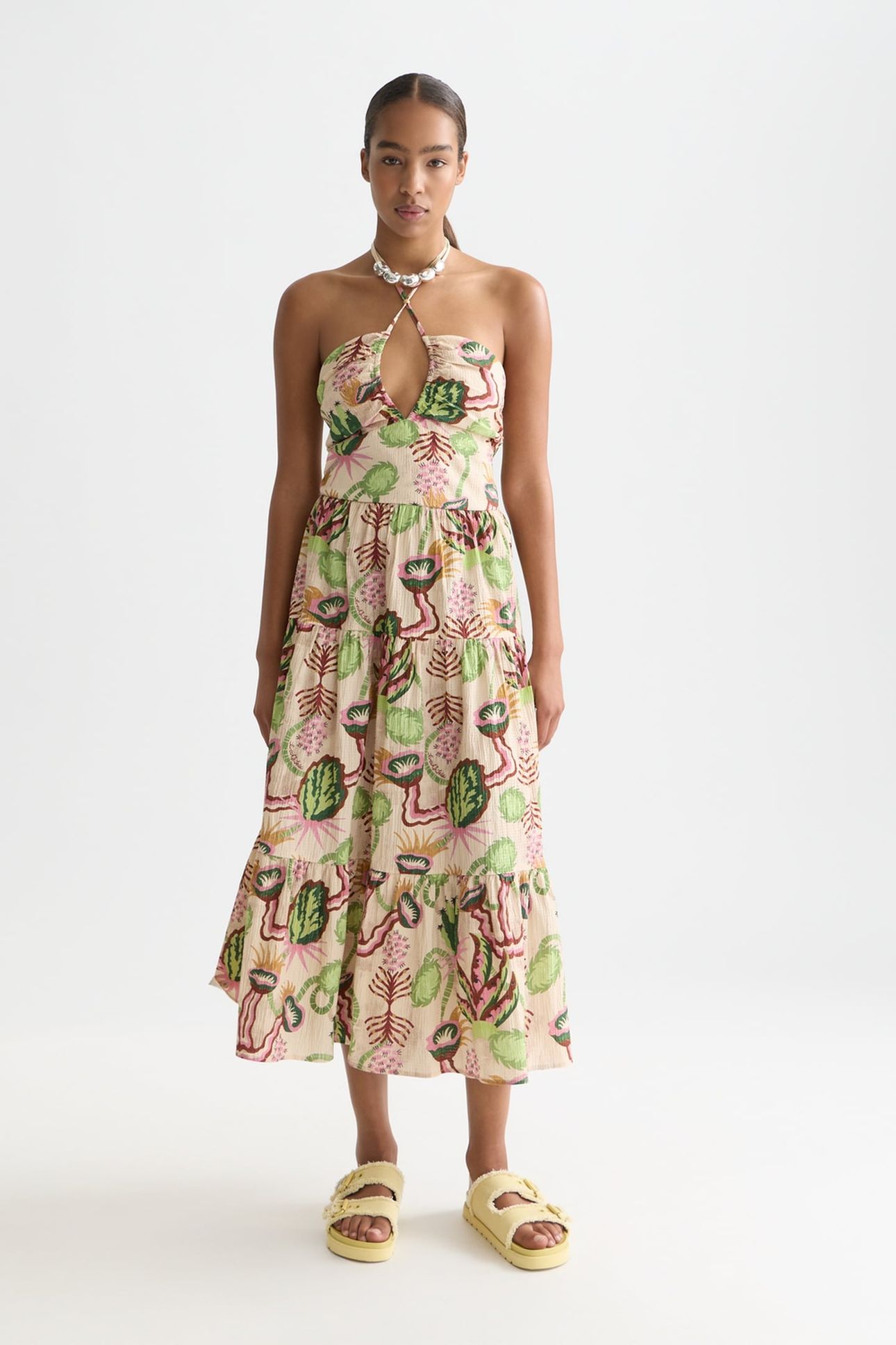 COTTON SEERSUCKER KEYHOLE HALTER MIDI DRESS DESERT FLORAL CA 3