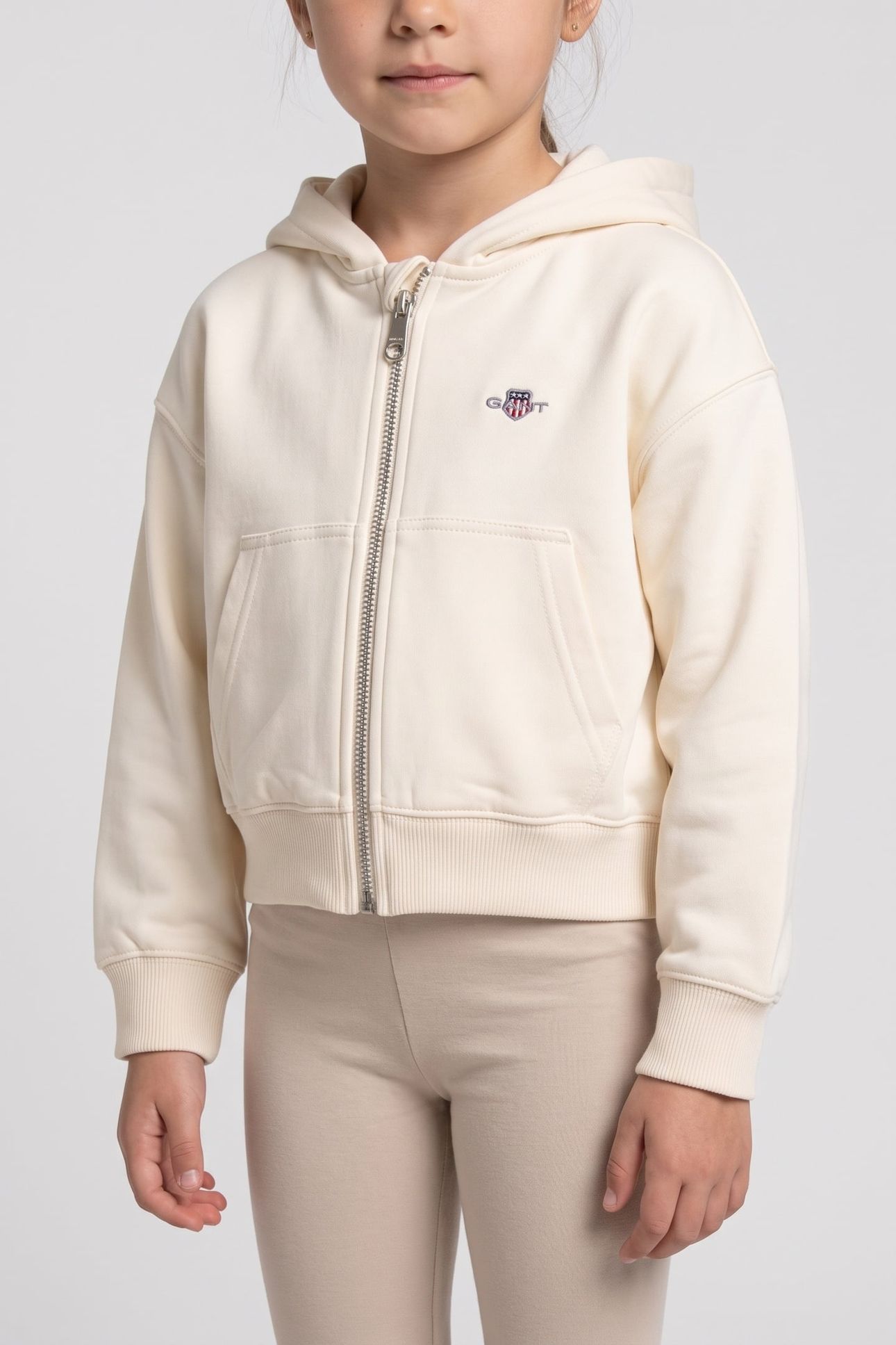 KIDS GIRLS SHIELD OVERSIZE CROP ZIP HOODIE CREAM 1