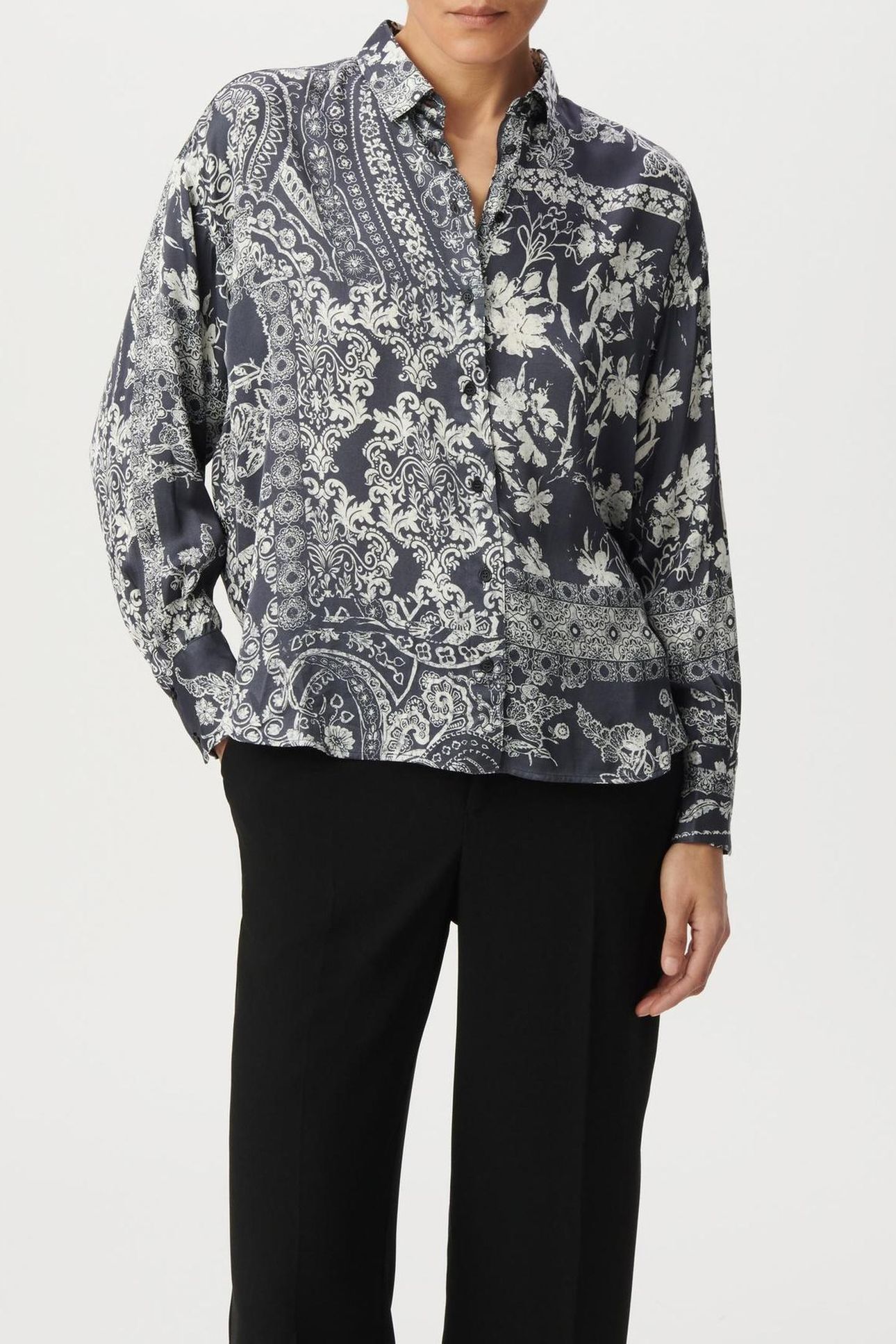 GREY BLUE SATIN SHIRT WITH SCARF PRINT 1