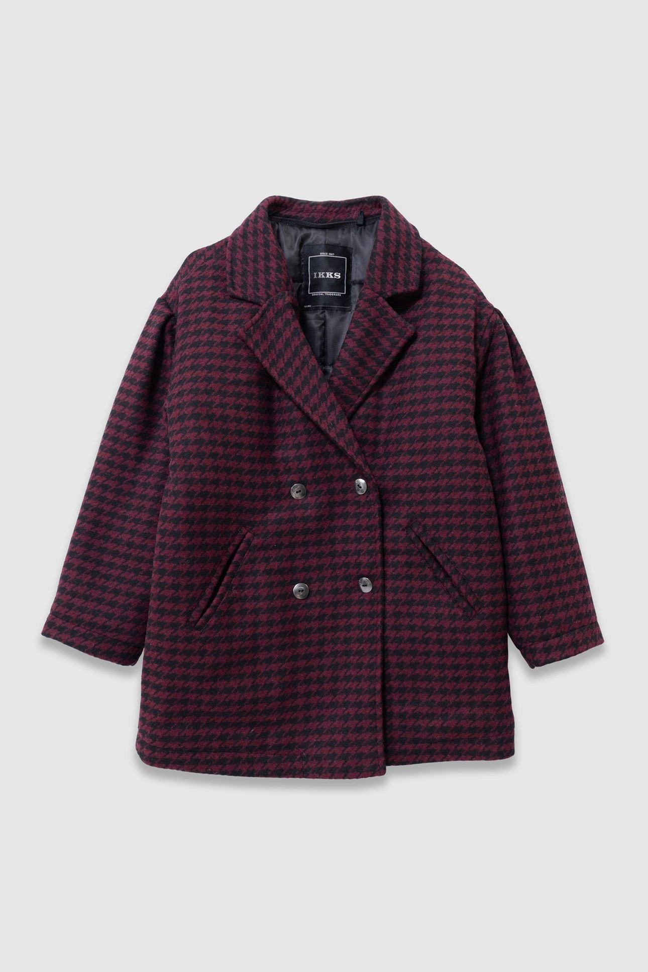 GIRLS’ BLACK CHECK COAT WITH HOODED FACING 1