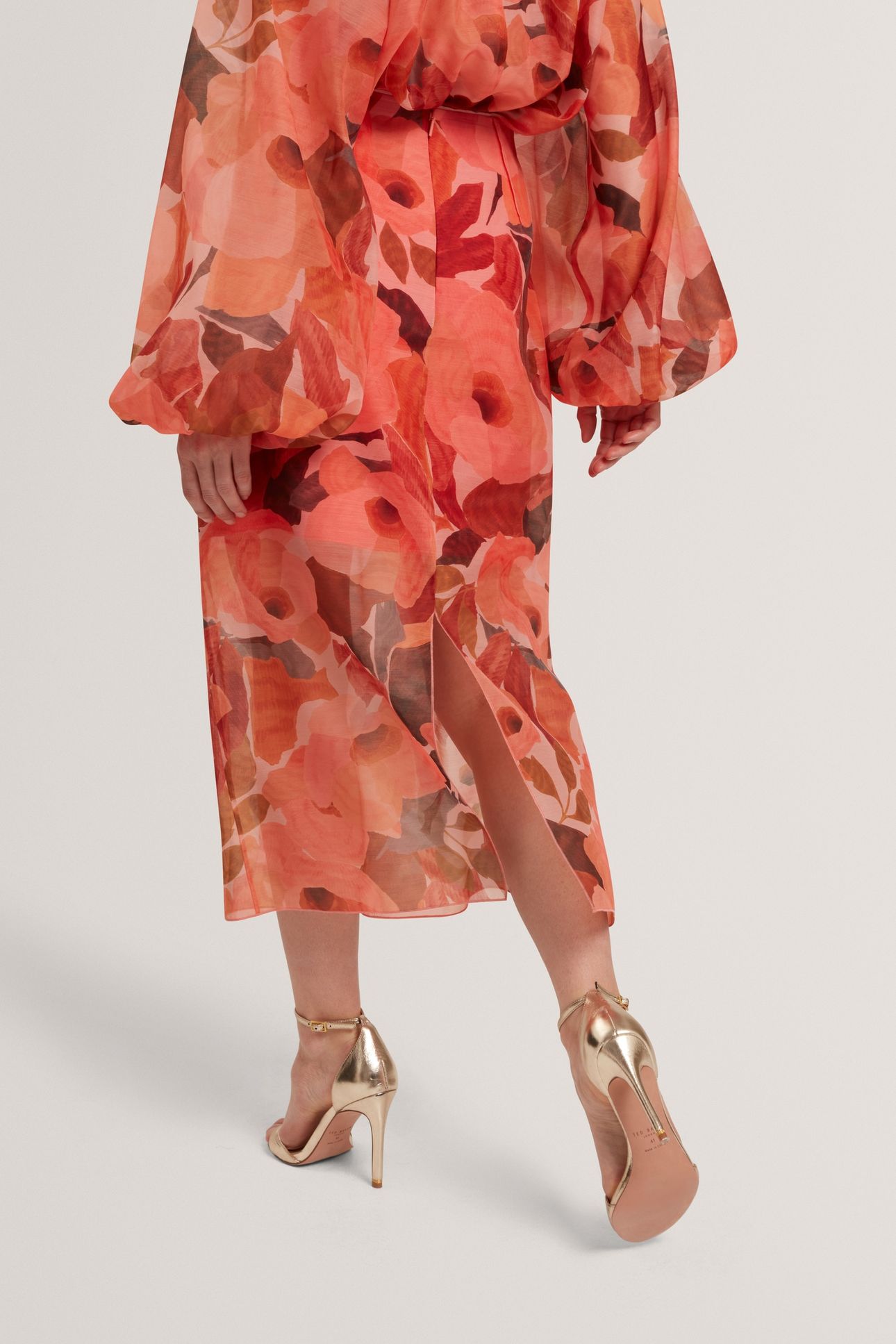 PRINTED ORGANZA OVERLAY MIDI SKIRT CORAL 2