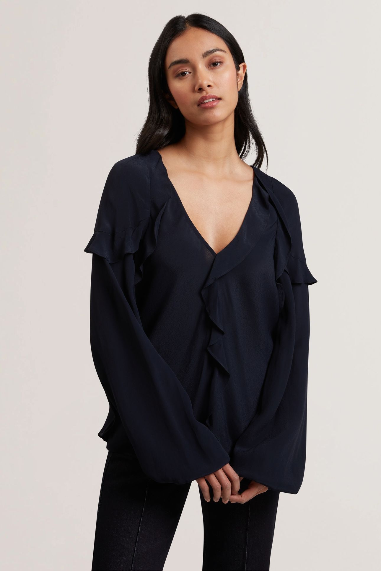 KAYFA FRILL DETAIL LONG SLEEVE BLOUSE NAVY 1