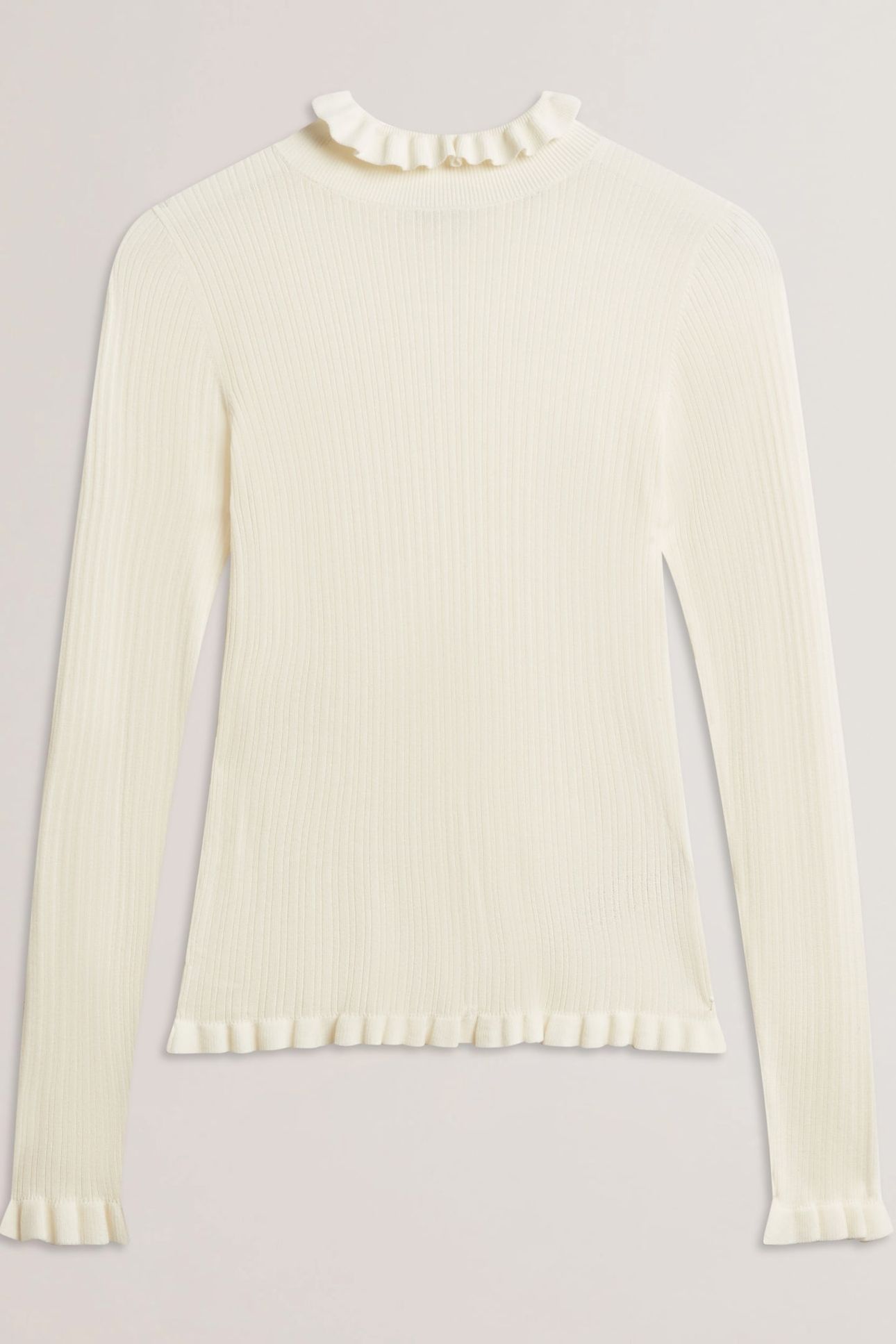 JANITTT RIB FUNNEL NECK FRILL JUMPER IVORY 3