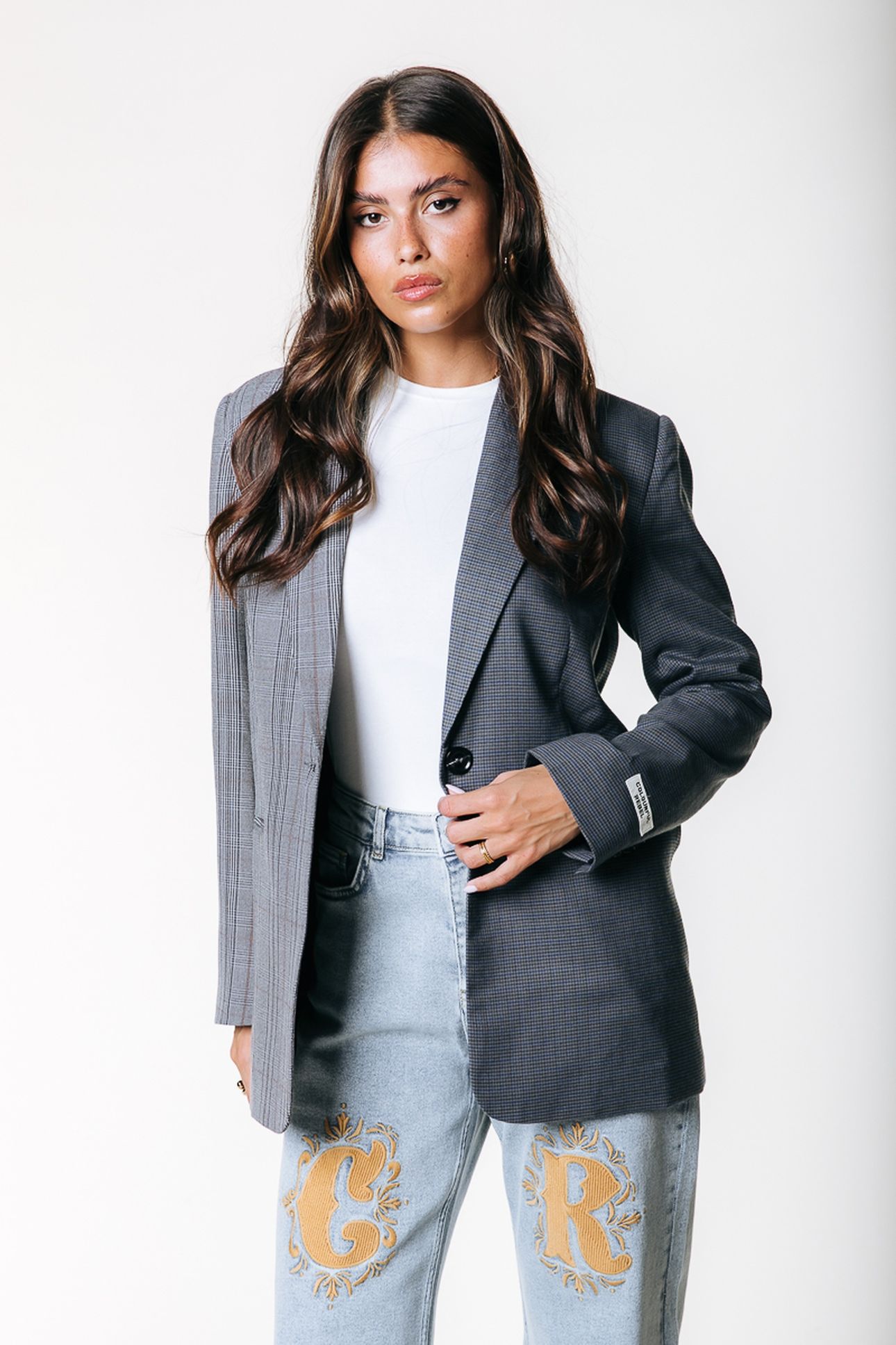 MIMMI CHECK TWO TONE SINGLE BREASTED BLAZER GREY/BLUE 1