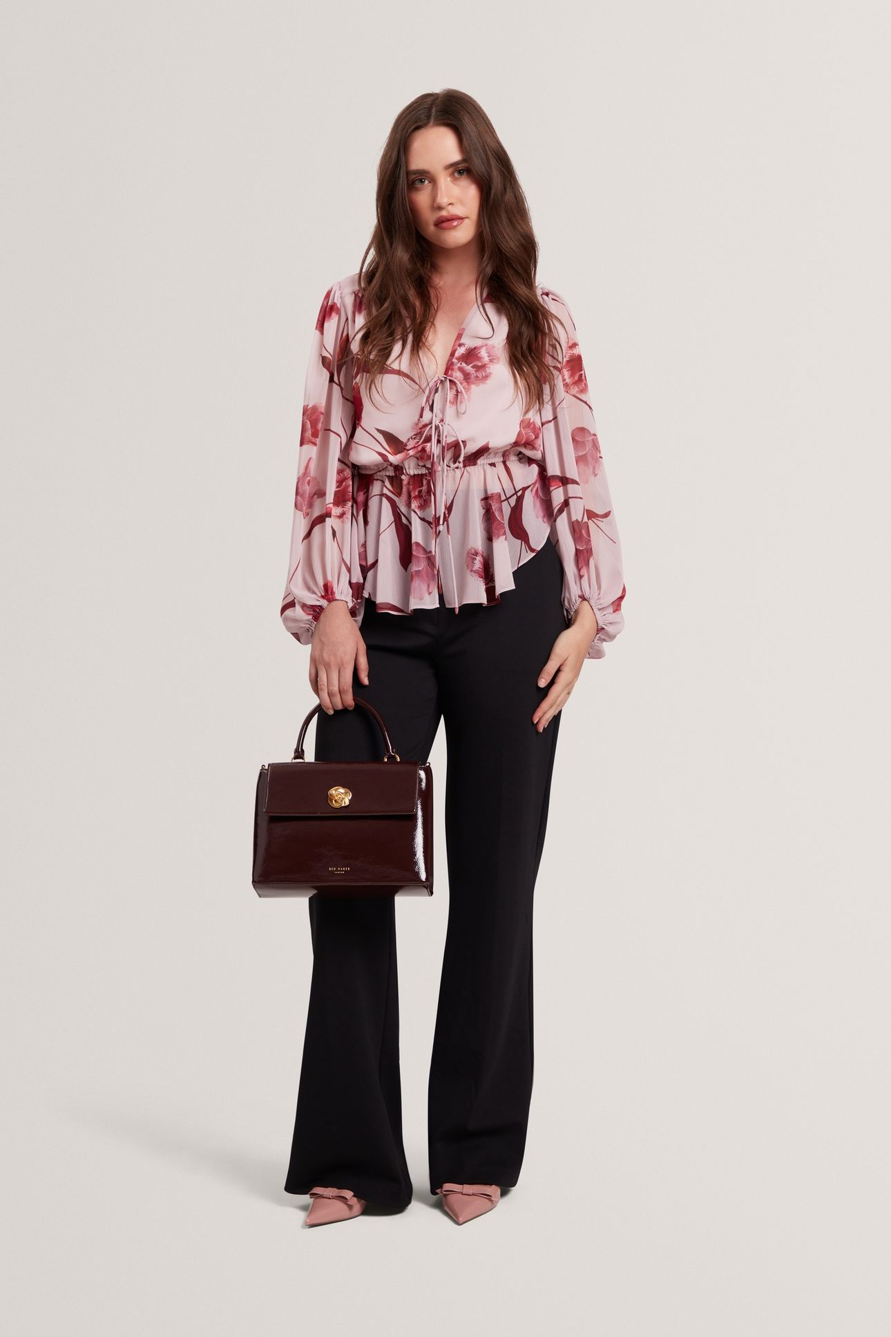 PRINTED TIE FRONT BALLOON SLEEVE BLOUSE PINK 1