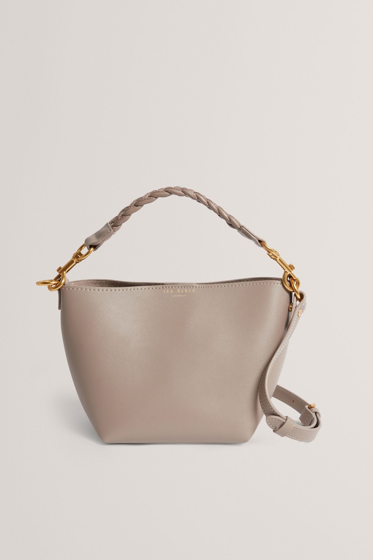 WEAVE HANDLE LEATHER SMALL BUCKET BAG TAUPE 1