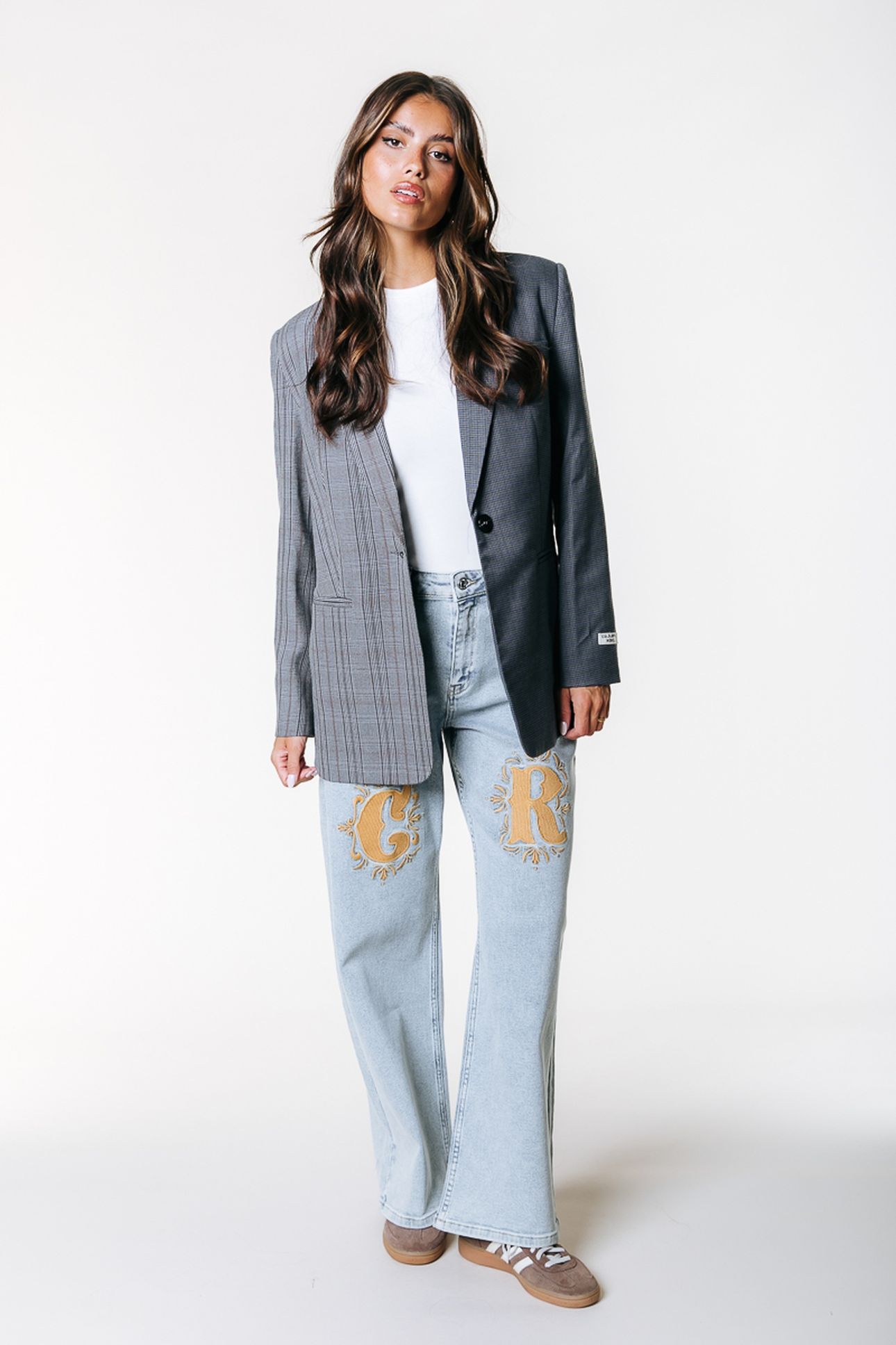 MIMMI CHECK TWO TONE SINGLE BREASTED BLAZER GREY/BLUE 2