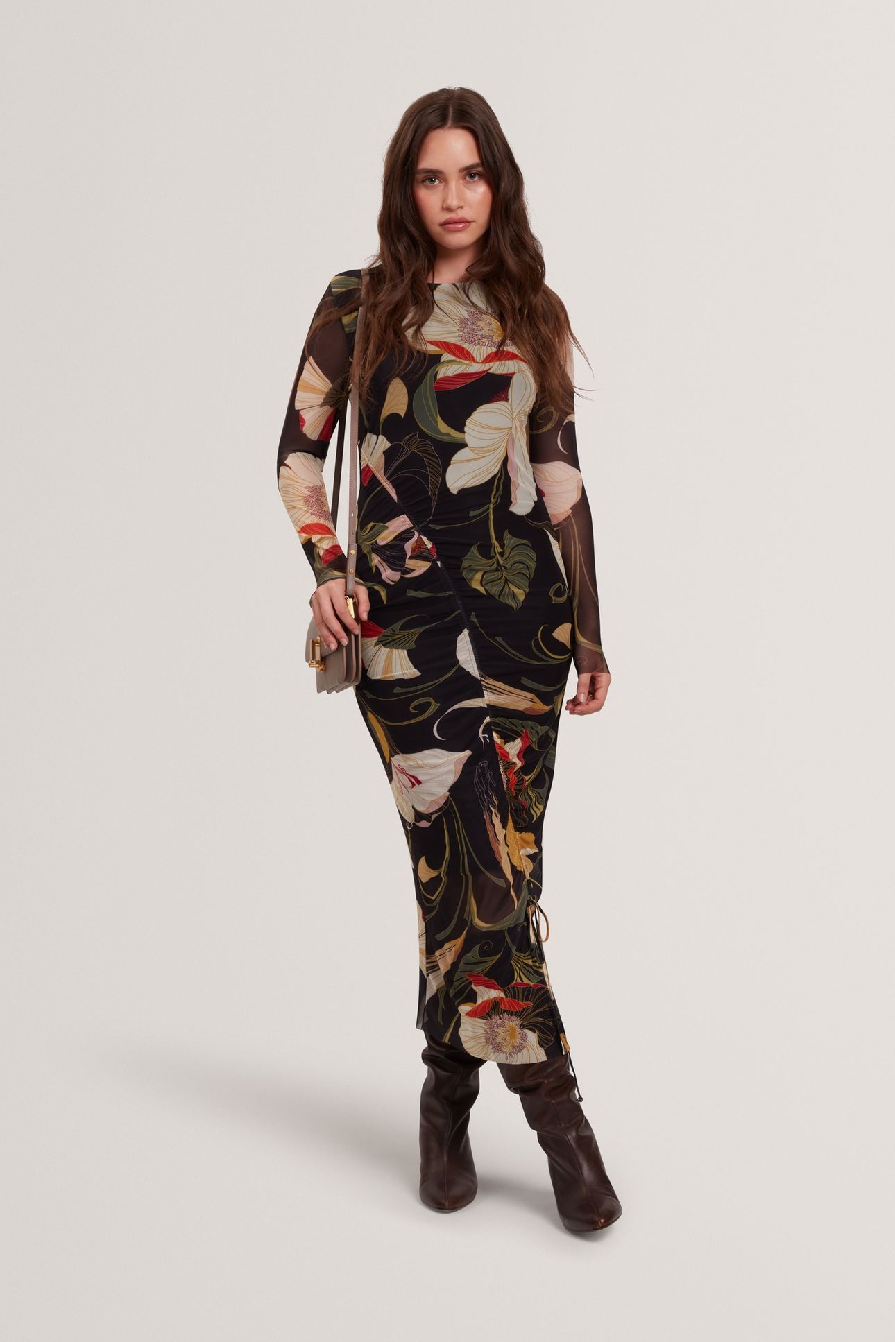 PRINTED MESH BODYCON GATHERED MIDI DRESS BLACK 1