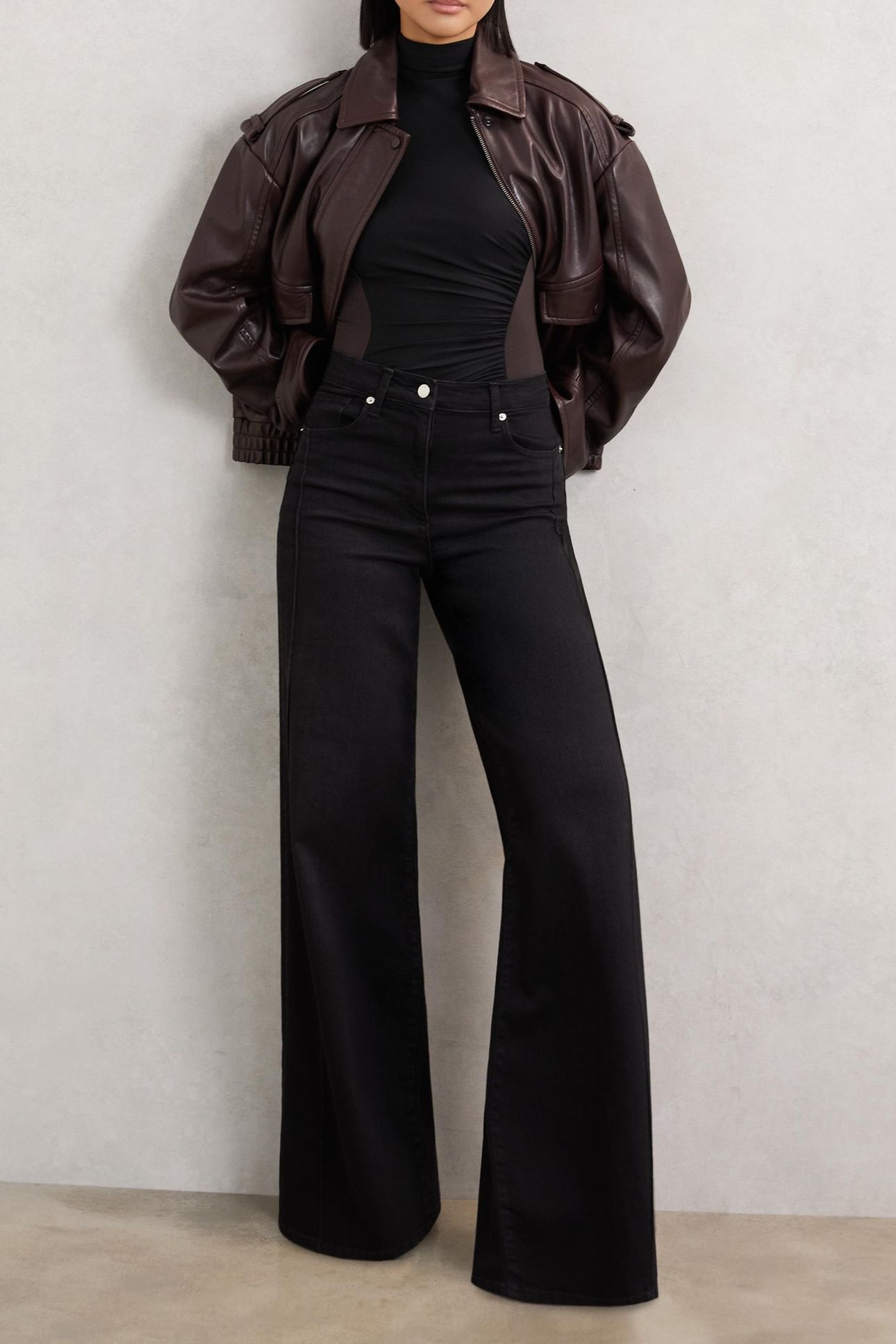 PATTERNED RUCHED BODYSUIT BLACK/CHOCOLATE BROWN 1