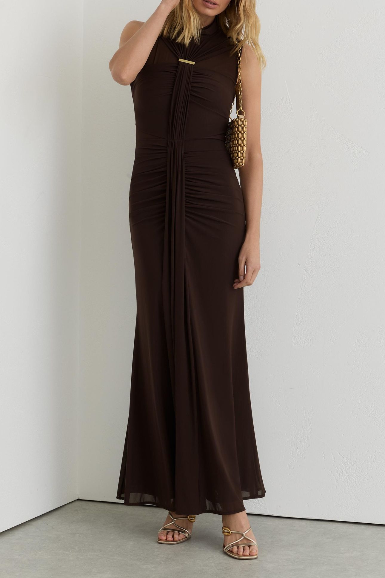 RUCHED SLEEVELESS MAXI DRESS CHOCOLATE BROWN 4